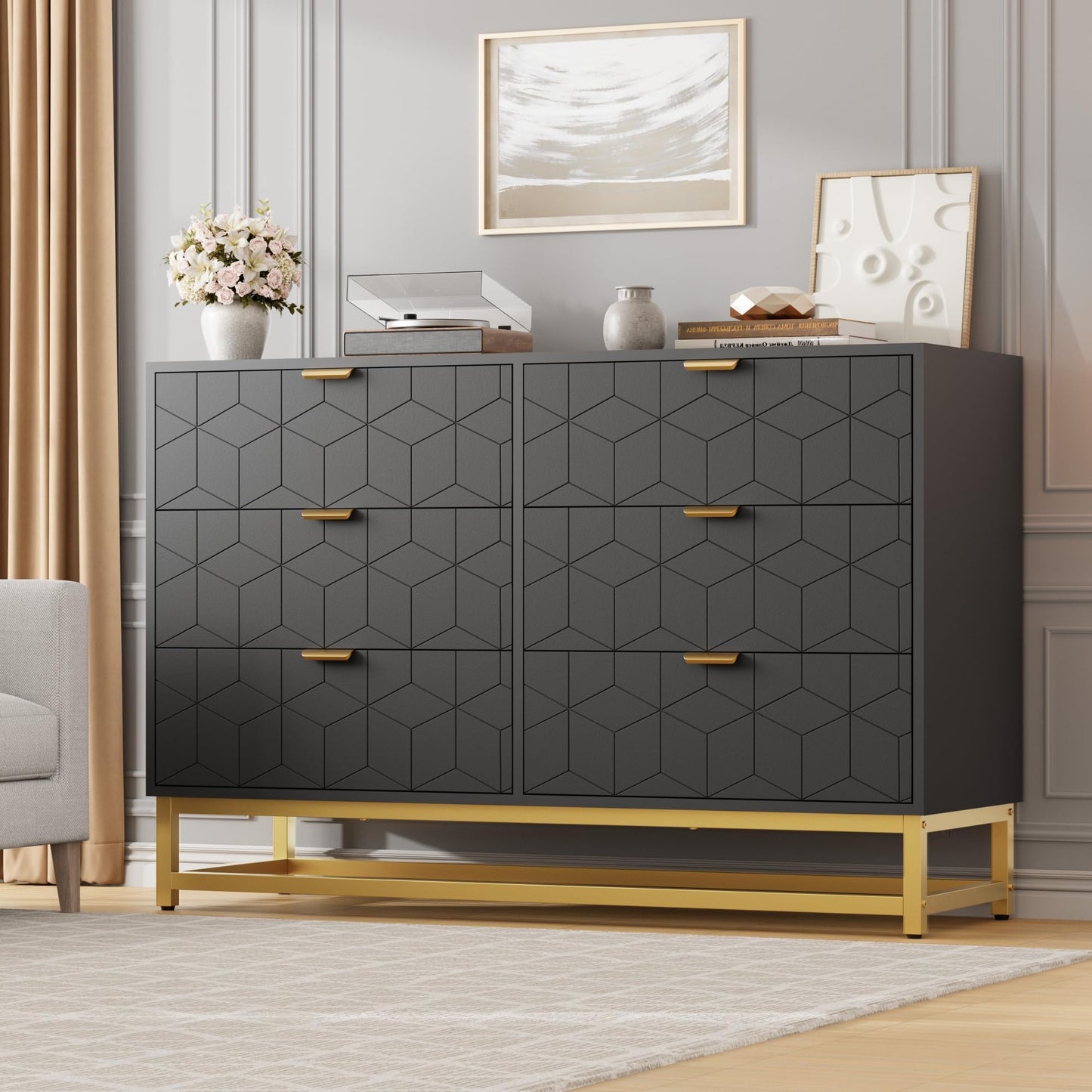GAOMON Black 6 Drawer Double Dresser,Modern Dresser for Bedroom with Gold Handles,Long Storage Organizer for Closet & TV Stand,Large Chest of Drawers for Living Room,Hallway,Entryway