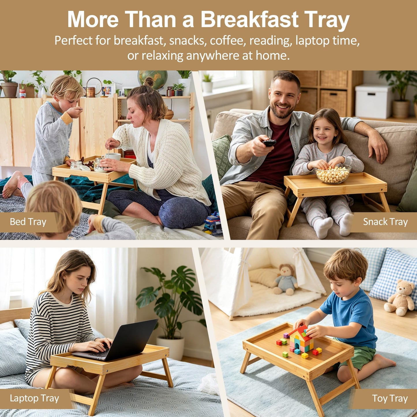Breakfast Tray with Folding Legs Set of 2, Bamboo Bed Tray Table 15.7" Foldable TV Dinner Tray with Ergonomic Wave Handles for Bed Couch Sofa, Breakfast, Snacks, Coffee, Natural