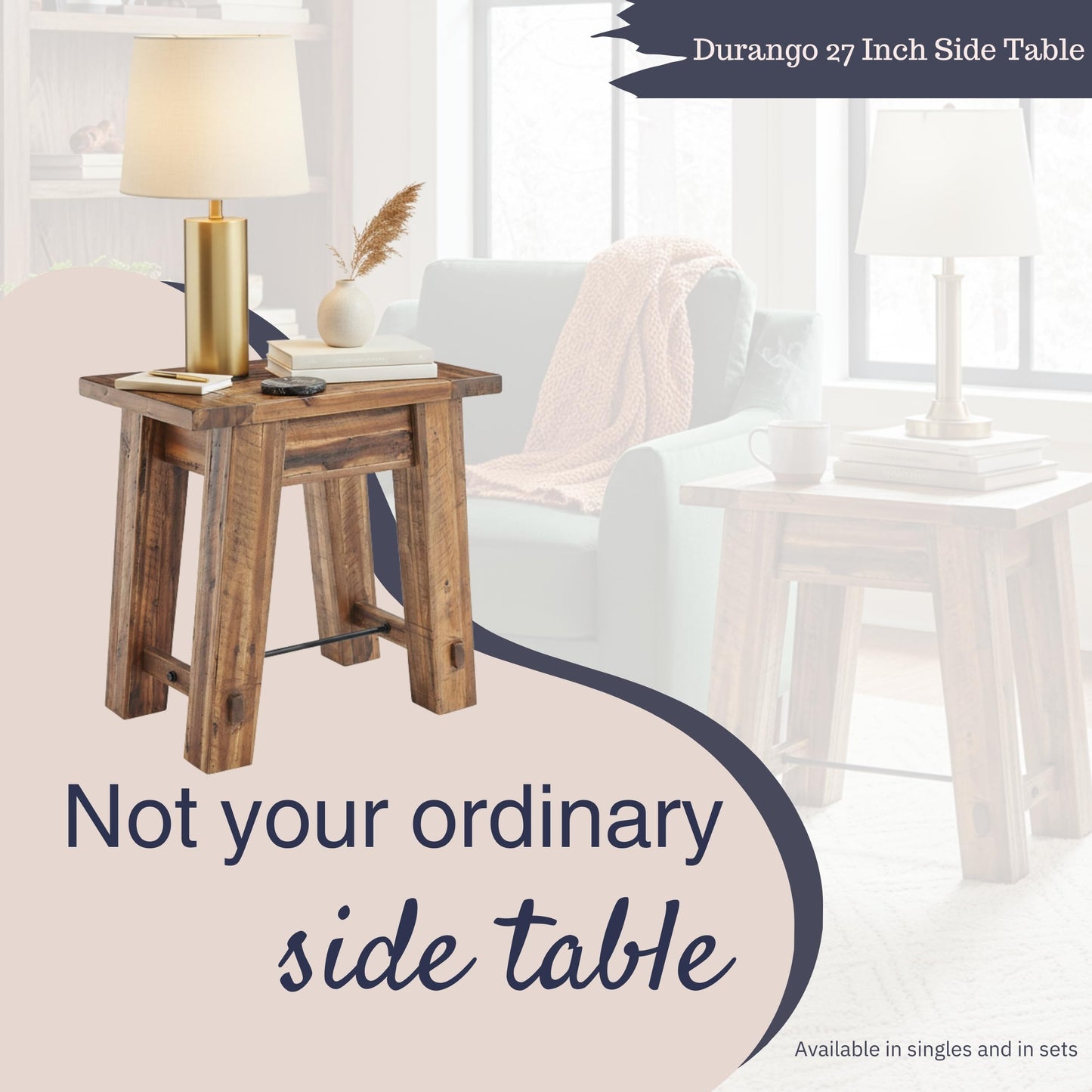 Alaterre Furniture Durango 27-Inch Solid Wood Side Table – Heavy-Duty Industrial End Table with 100 lb Capacity for Living Room, Bedroom, or Home Office (Natural Grain Lacquer Finish)
