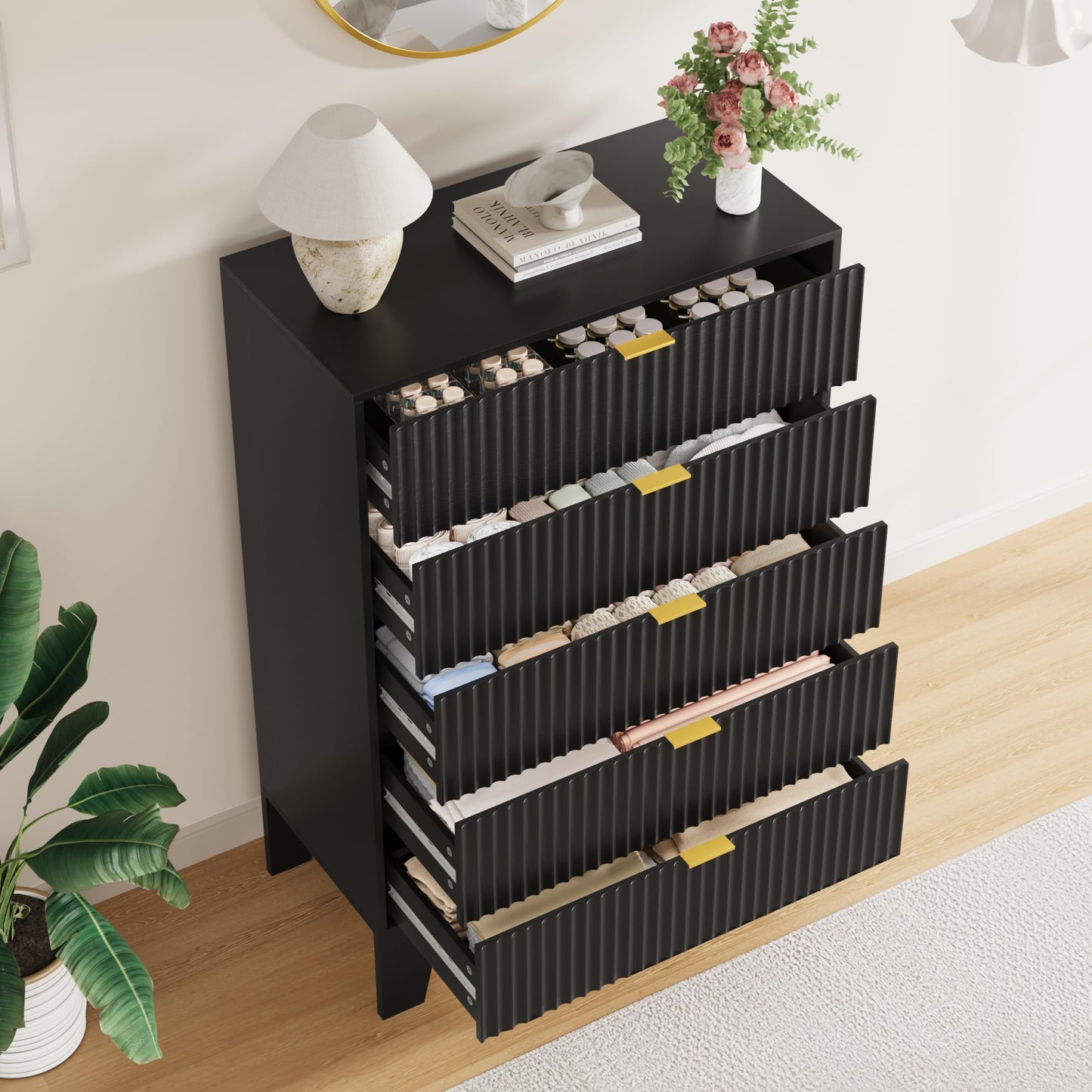 Garvee 5 Drawer Dresser for Bedroom, 47" Tall Fluted Chest of Drawers with Metal Handle, Modern Wooden Dresser TV Stand, Clothes Storage Organizer Wood Closet for Hallway, Entryway, Black