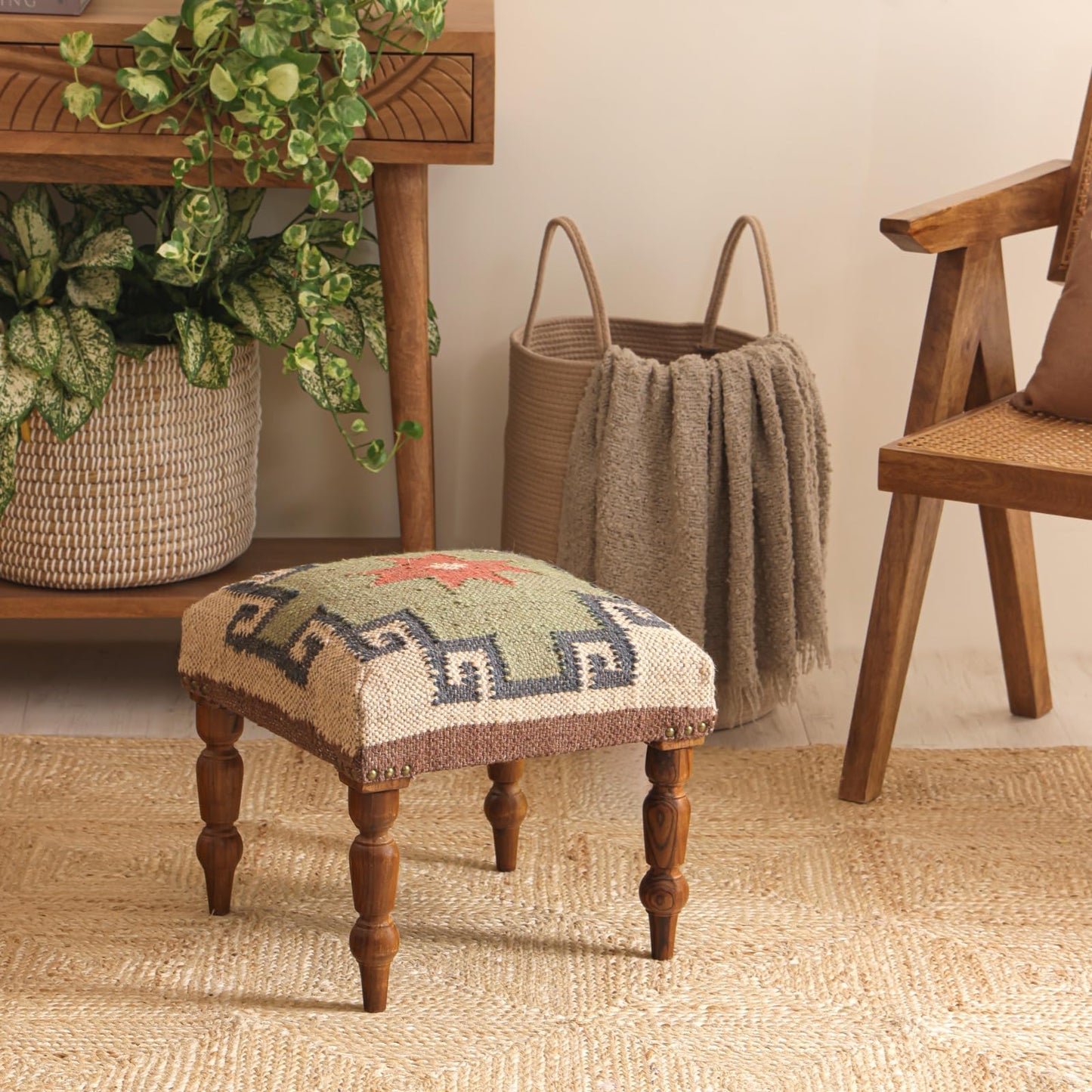 NATURAL FURNISH Solid Wood Upholstered Footstool | Handmade Southwestern Pattern Ottoman with Turned Wooden KD Legs | Decorative Accent Stool for Living Room, Entryway & End of Bed (Gray and Tan)