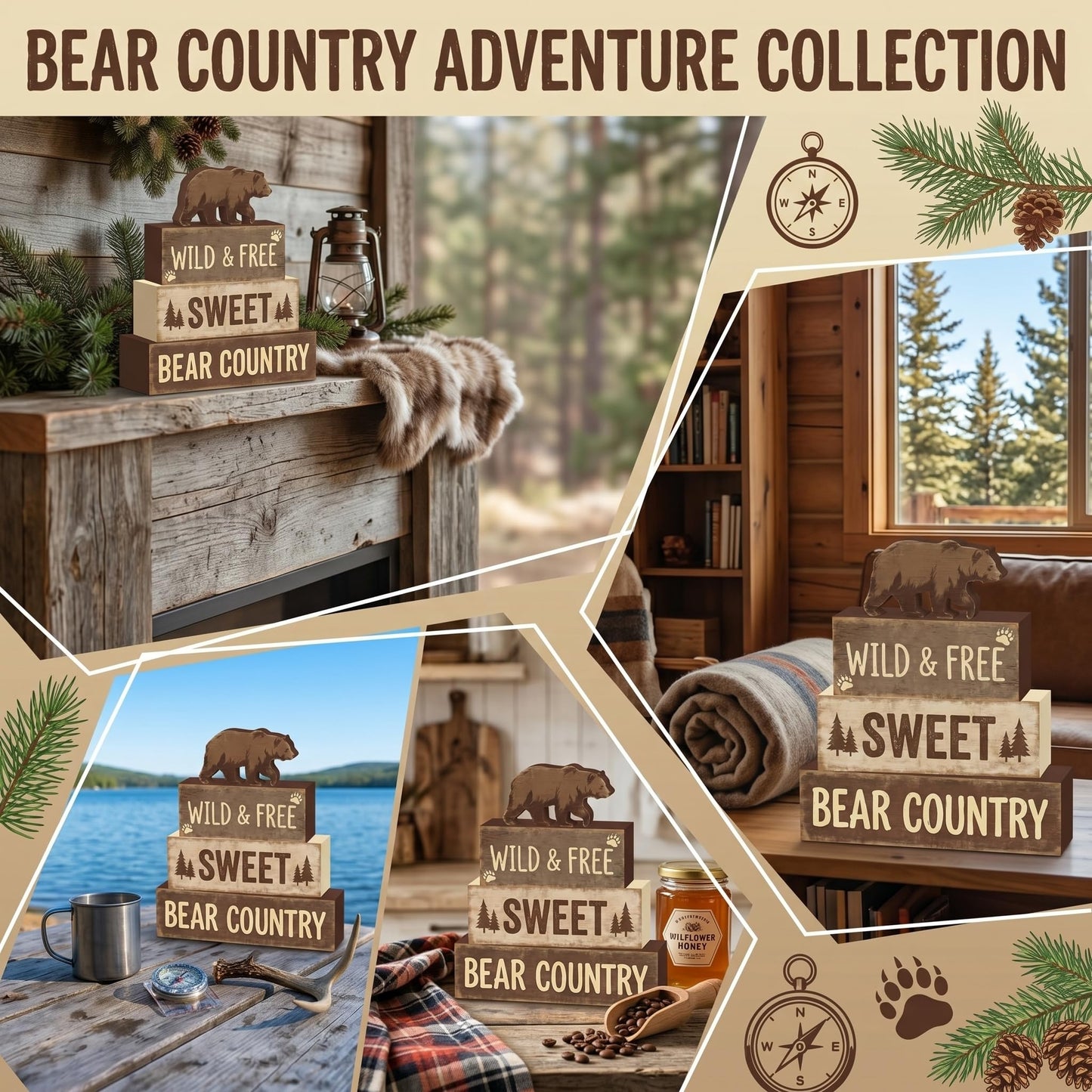 4 Pcs Brown Bear Tiered Tray Decor Woodland Bear Country Wooden Signs Cabin Shelf Sitters Rustic Farmhouse Table Centerpiece Mountain Forest Theme Table Decorations For Home Living Room Lodge