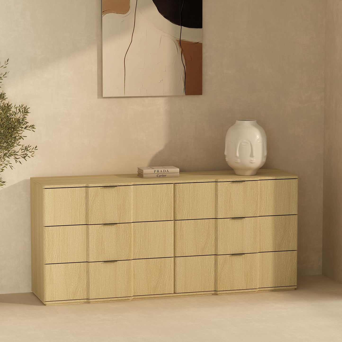 Manhattan Comfort Clive 72” Modern 6 Drawer Dresser, Wide Chest of Drawers with Sculpted Fluted Front & Accent Recessed Handles, Doubles as 70” TV Stand, Natural Oak and Gold