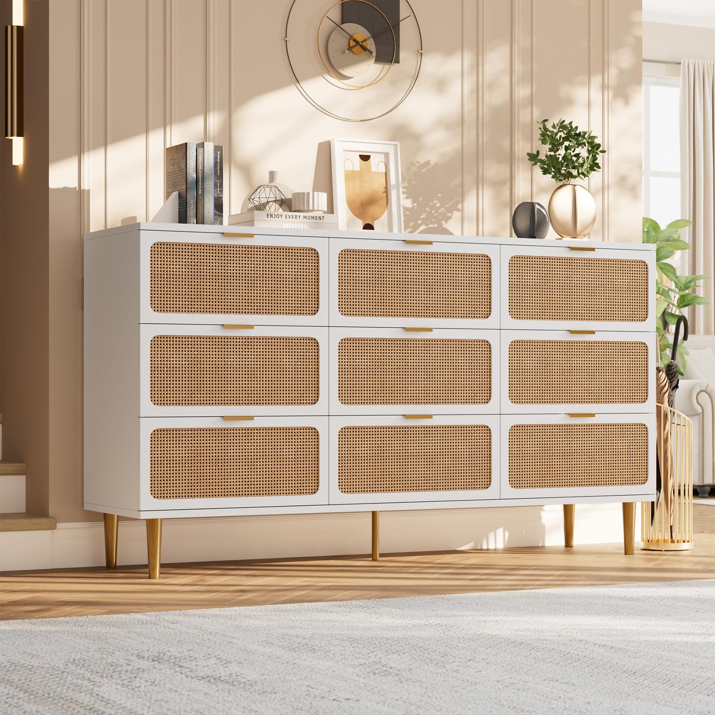 GarveeHome Rattan 9 Drawer Dressers for Bedroom, Tall Dresser with Deep Drawers, Large Chest of Drawers for Closet with Wide Top, Long Wooden Dresser for Living Room, Hallway, Kids Room, White