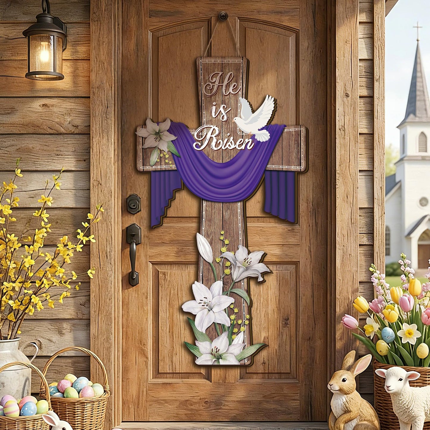 BBTO He Is Risen Easter Door Sign, 31.5 x 15.75 Inches Durable Wooden Religious Cross Hanging Decor Easter Wreaths for Front Door Christian Flowers Lent Hanging Hanger for Farmhouse Front Porch