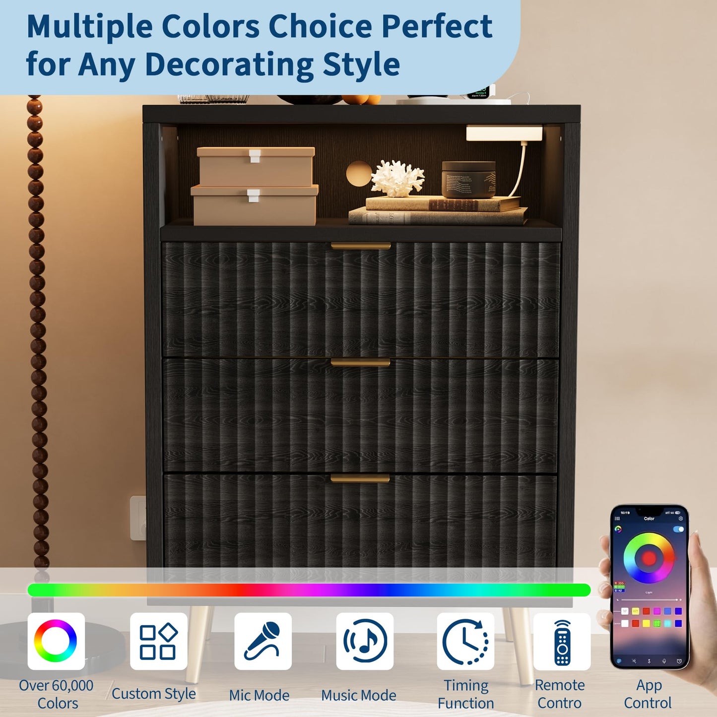 3 Drawers Dresser for Bedroom, 28" W Wooden Dresser with LED Lights and Charging Station, Fluted Wood TV Stand with Gold Handle, Modern Chest of Dressers for Closet, Living Room, Hallway, Black