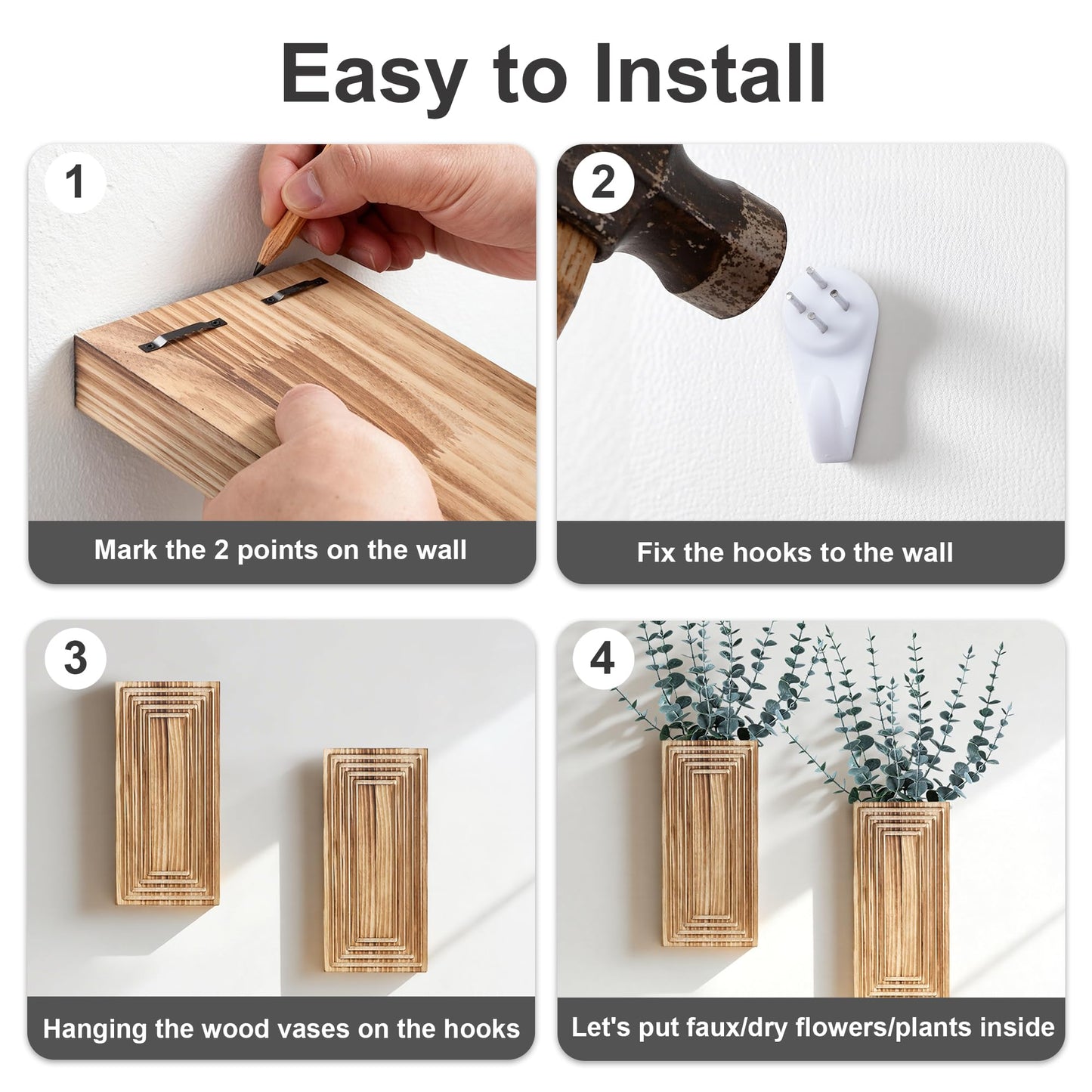 FancyPlus Wooden Wall Planter Vase, 2 Pack Natural Wood Hanging Vases with Fake Eucalyptus for Indoor Modern Boho Farmhouse Wall Art Decor for Home Indoor Kitchen Modern Farmhouse Bathroom