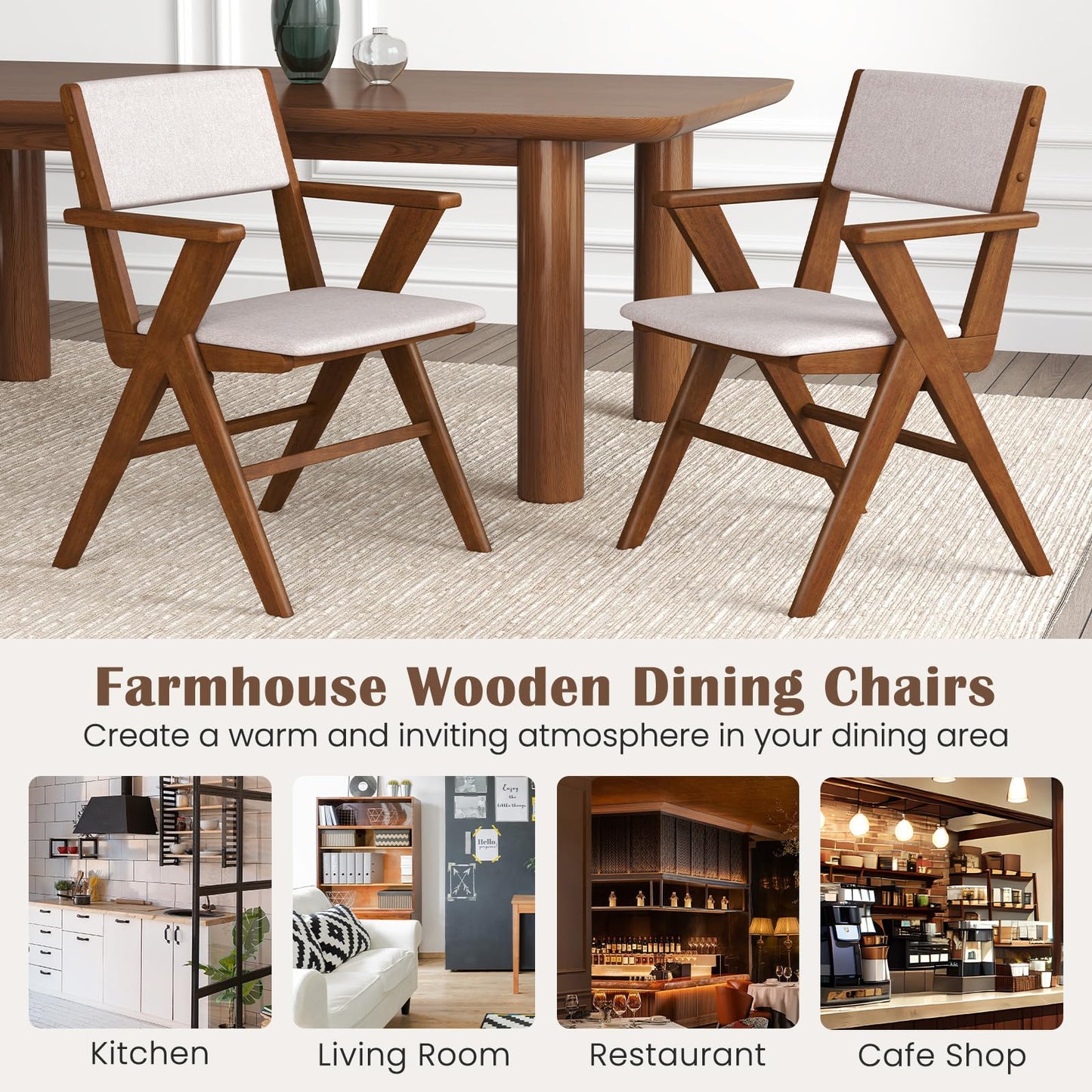 Giantex Wooden Dining Chairs Set of 2, Linen Fabric Upholstered Kitchen Chairs w/Armrests, Rubber Wood Frame, Padded Seat & Back, Farmhouse Side Chairs, Accent Chairs for Living Room Restaurant