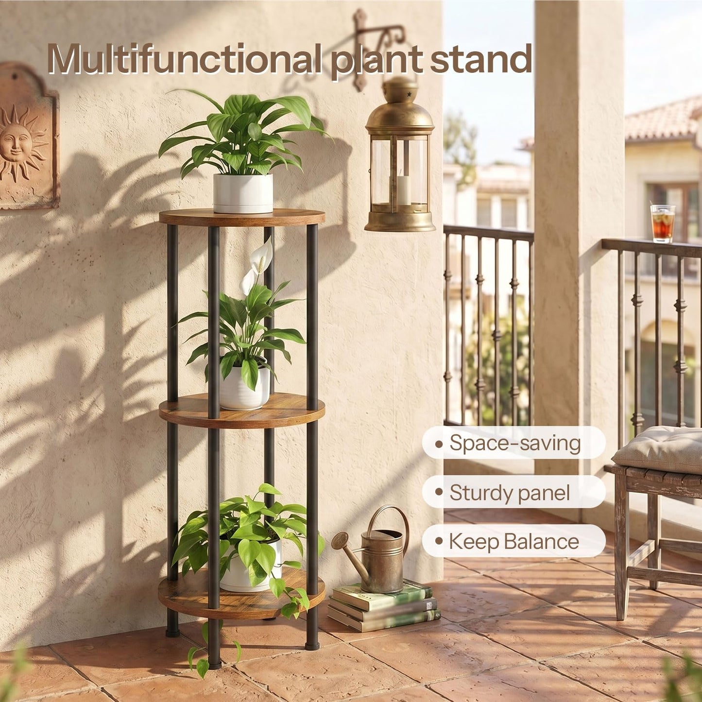 HOOBRO Plant Stand Indoor, 3 Tier 35.2" Tall Small Plant Shelf, Round Potted Holder Rack, Modern Flower Stand for Living Room Balcony Garden, Rustic Brown and Black BF13HJ01