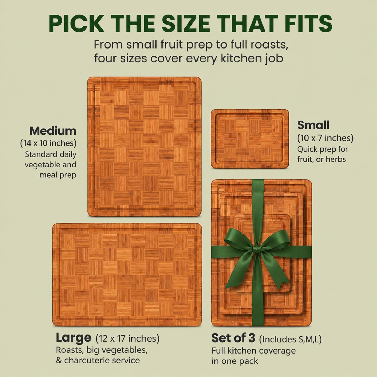 LAIFsolutions Wood Cutting Boards for Kitchen with Juice Groove, Eco-Friendly Wooden Bamboo Chopping board, Food-Safe, Non Plastic Tabla Para, Carbonized Butcher Block for Meat, Veggies Fruits, 3-Set