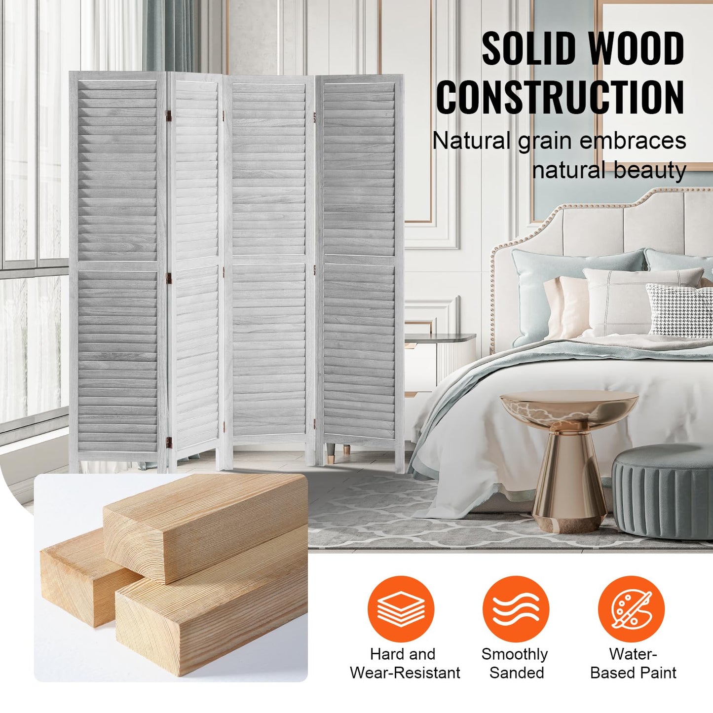 VEVOR Wood Room Divider, 4 Panel Folding Privacy Screen, 66.9 Inches Tall Indoor Wooden Partition, Portable Decoration Screen, for Room Separation, Home, Office, Restaurant & Bedroom (Light Grey)