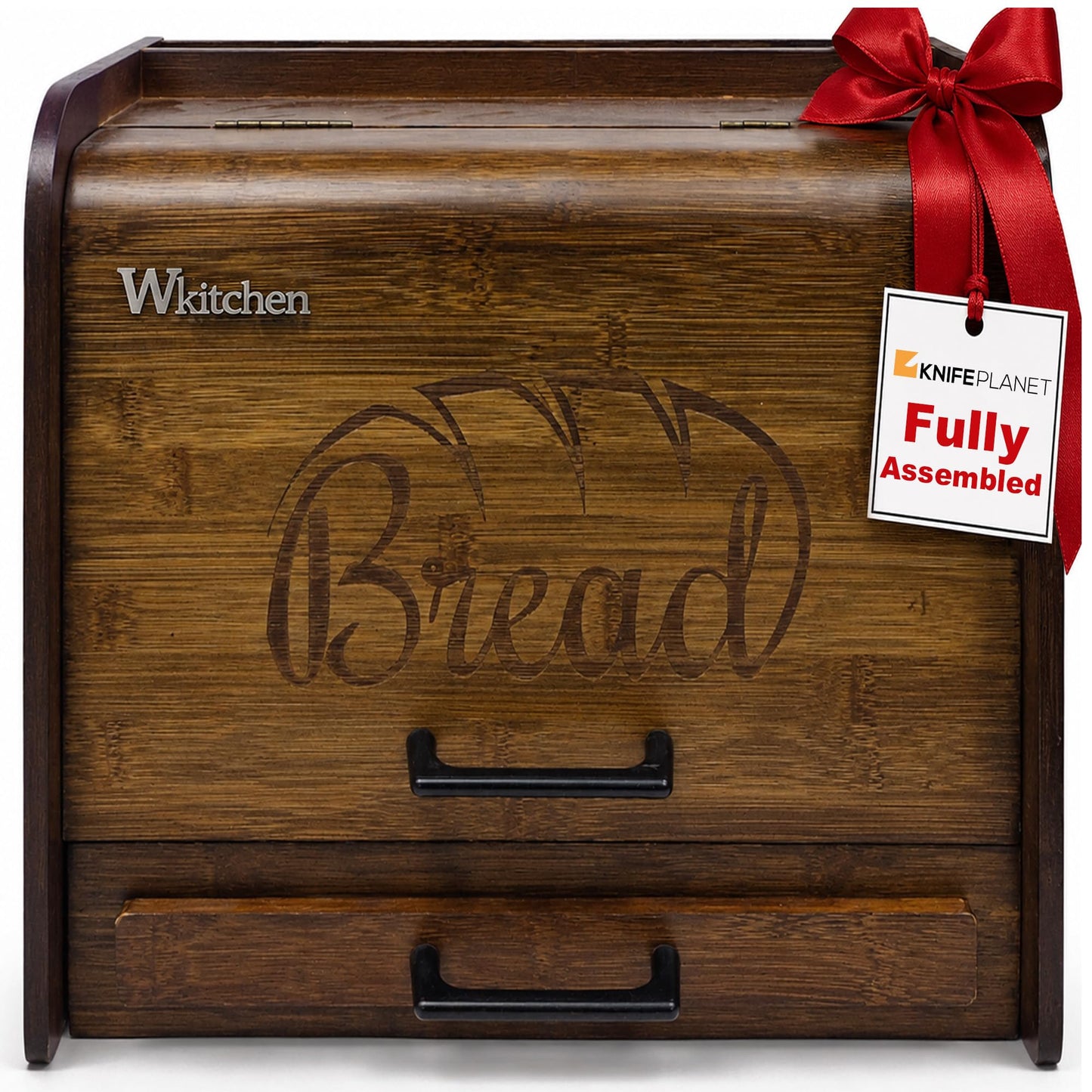 KNIFEPLANET Premium FULLY ASSEMBLED Rustic Bread Box – Extra Large Real Wood Bread Box for Kitchen Countertop Storage, Thick Durable Construction, Double Layer Design (17.5" x 10" x 12")