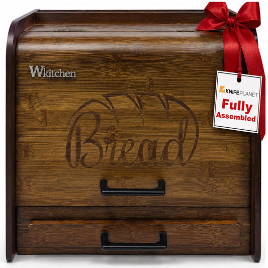 KNIFEPLANET Premium FULLY ASSEMBLED Rustic Bread Box – Extra Large Real Wood Bread Box for Kitchen Countertop Storage, Thick Durable Construction, Double Layer Design (17.5" x 10" x 12")