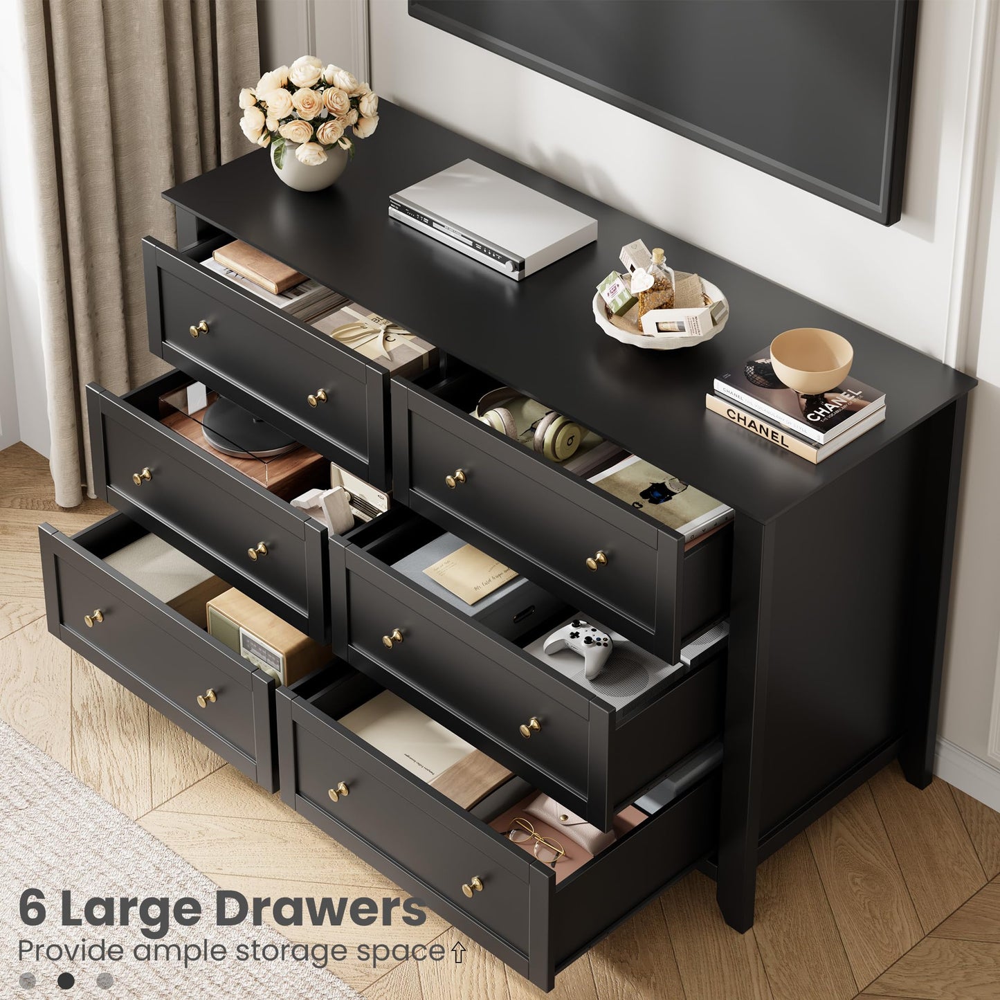 IDEALHOUSE Black 6 Drawer Dresser for Bedroom, 54" Wide Large Dresser with Deep Drawers & Metal Knobs, Modern Wooden Chests of Drawers for Entryway, Hallway