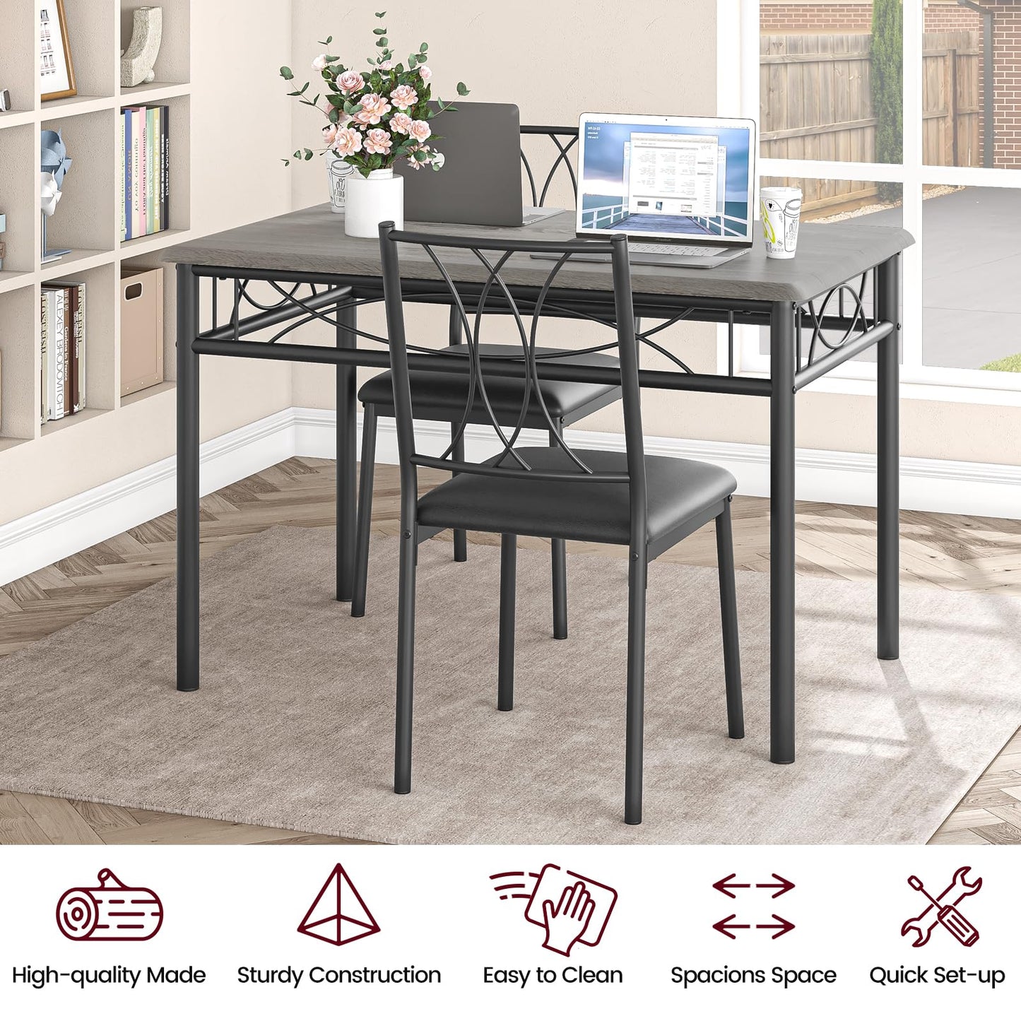 Garvee Small Dining Table Set for 4, Wooden Kitchen Table with 4 Upholstered Chairs, Space Saving Compact Dining Table with Corner Guard, Ideal for Kitchen, Dining Room, and Small Area, Gray