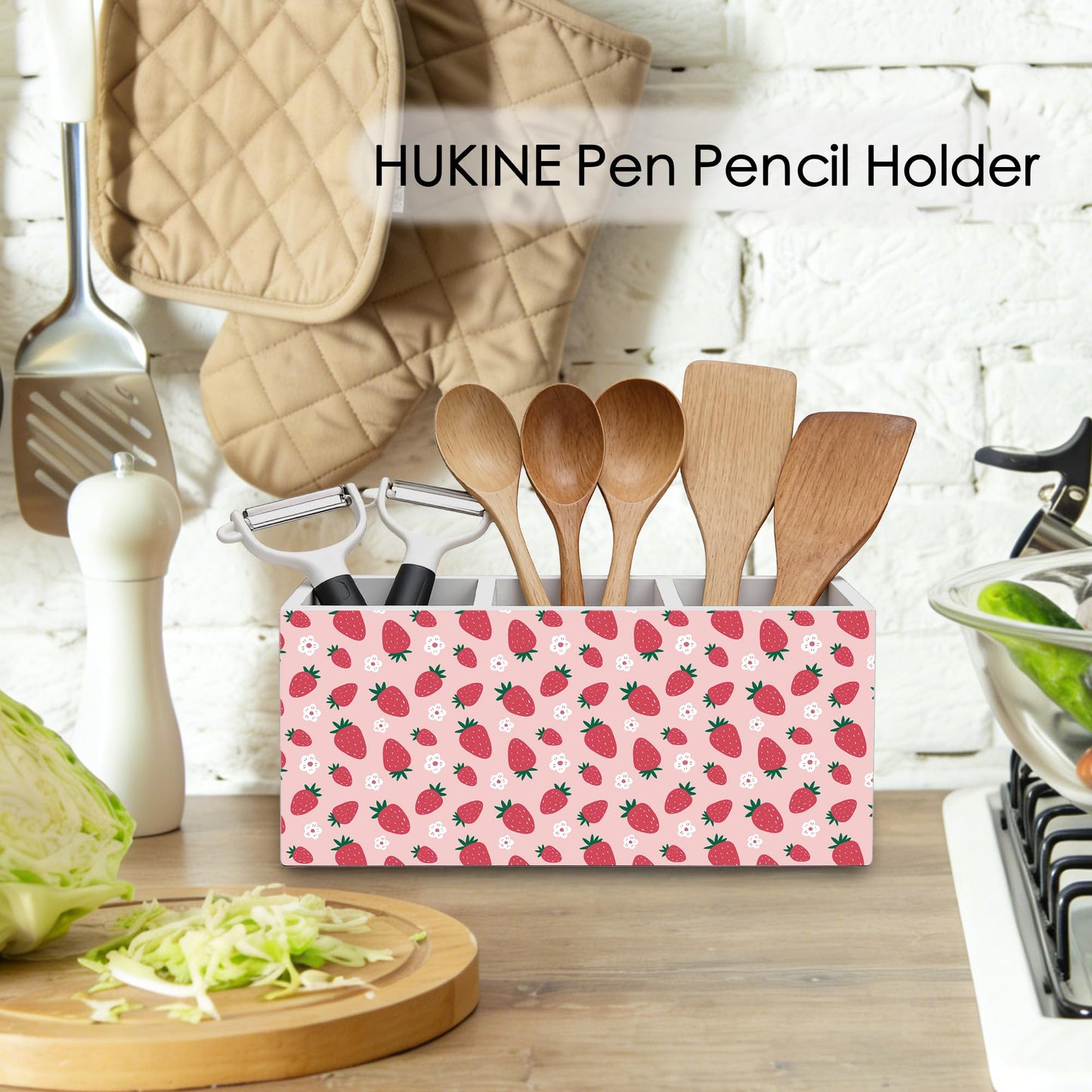 HUKINE Pink Strawberry Pen Holder for Desk Decoration, Preppy Girly Aesthetic Wooden Box Sign Pencil Holder Organizer for Home Office Desk Accessories, Strawberry Gifts for Women Girls