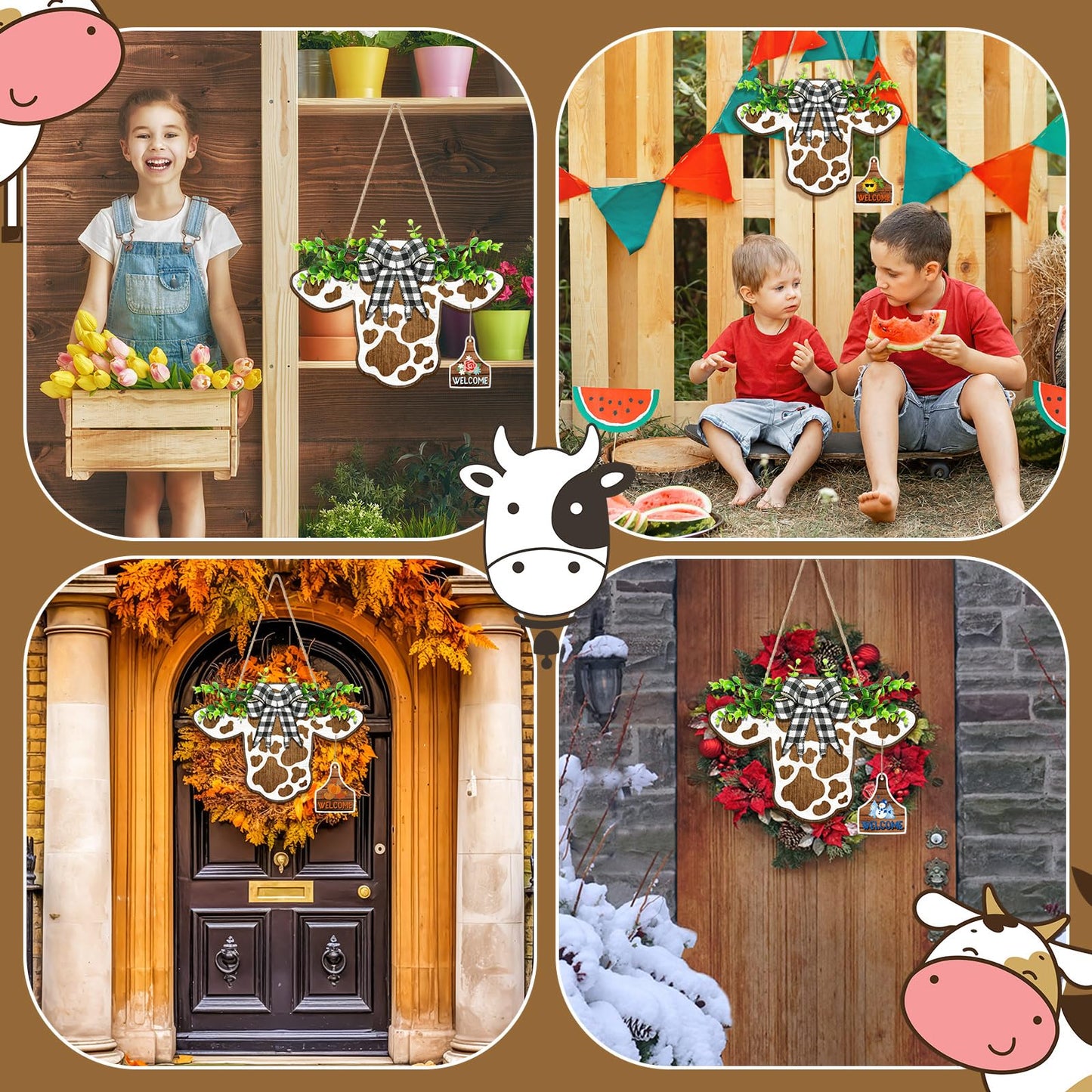 Suzile 16 Pcs Cow Decor Welcome Sign Wooden Cow Head Door Wreath Sign with Buffalo Plaid Bow Interchangeable Hanging Ornaments for Christmas Farmhouse Home Front, 16.5 x 12 Inch