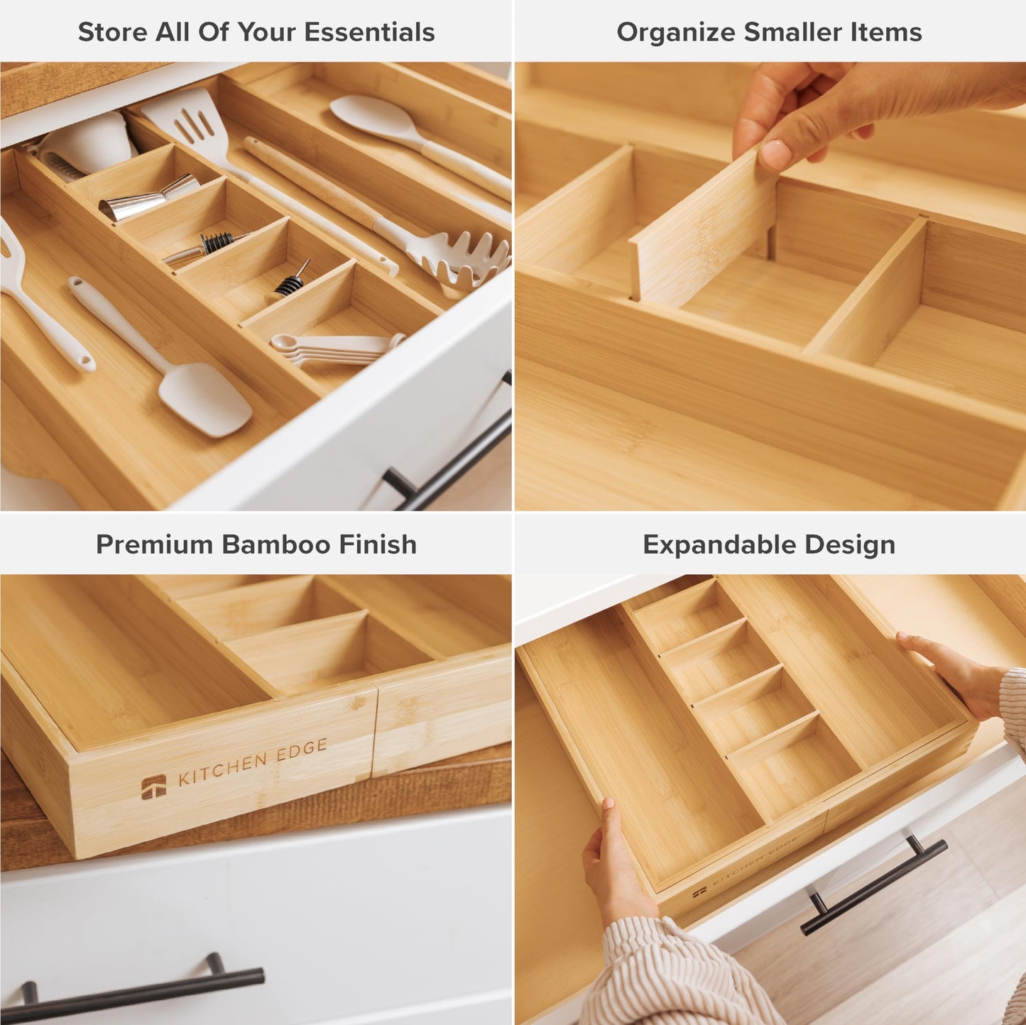 KitchenEdge Premium Silverware, Flatware and Utensil Organizer - Expandable From 18 to 33 In and Adjustable Kitchen Drawer Organizer - Expandable From 16 to 28 In Bundle