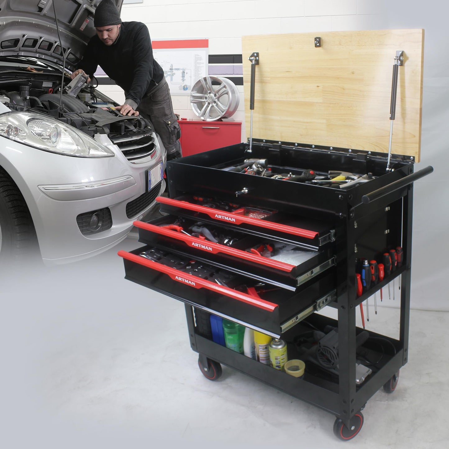 KEIKI 3-Drawer Rolling Tool Cart with Lift-Up Wooden Top, Utility Tool Box, Multi-Functional Tool Storage Organizer Cabinet for Garage, Warehouse, Workshop, Repair Shop, Black