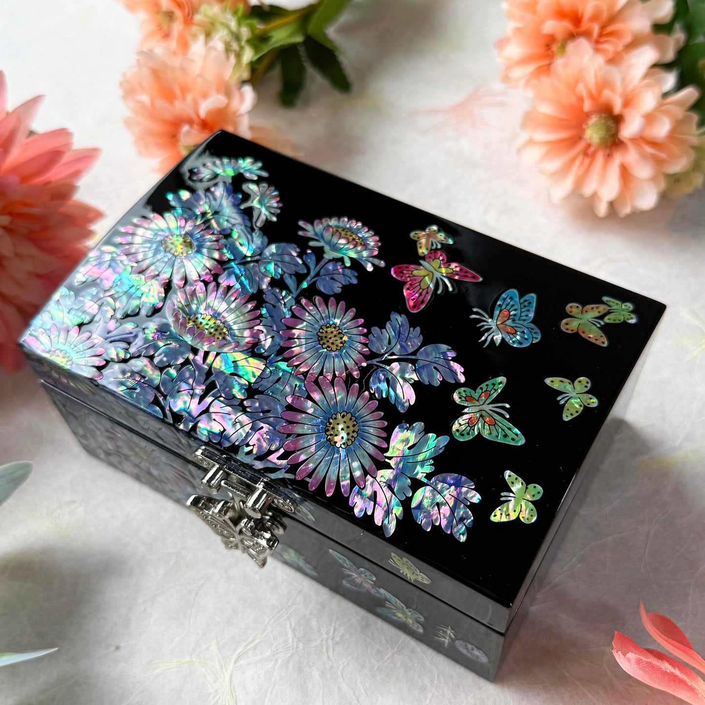 Nacreh Mother of Pearl Inlay Jewelry Box, Wooden Trinket Organizer with Compartments for Rings, Necklaces, Decorative Keepsake Gift for Women (Chrysanthemum)