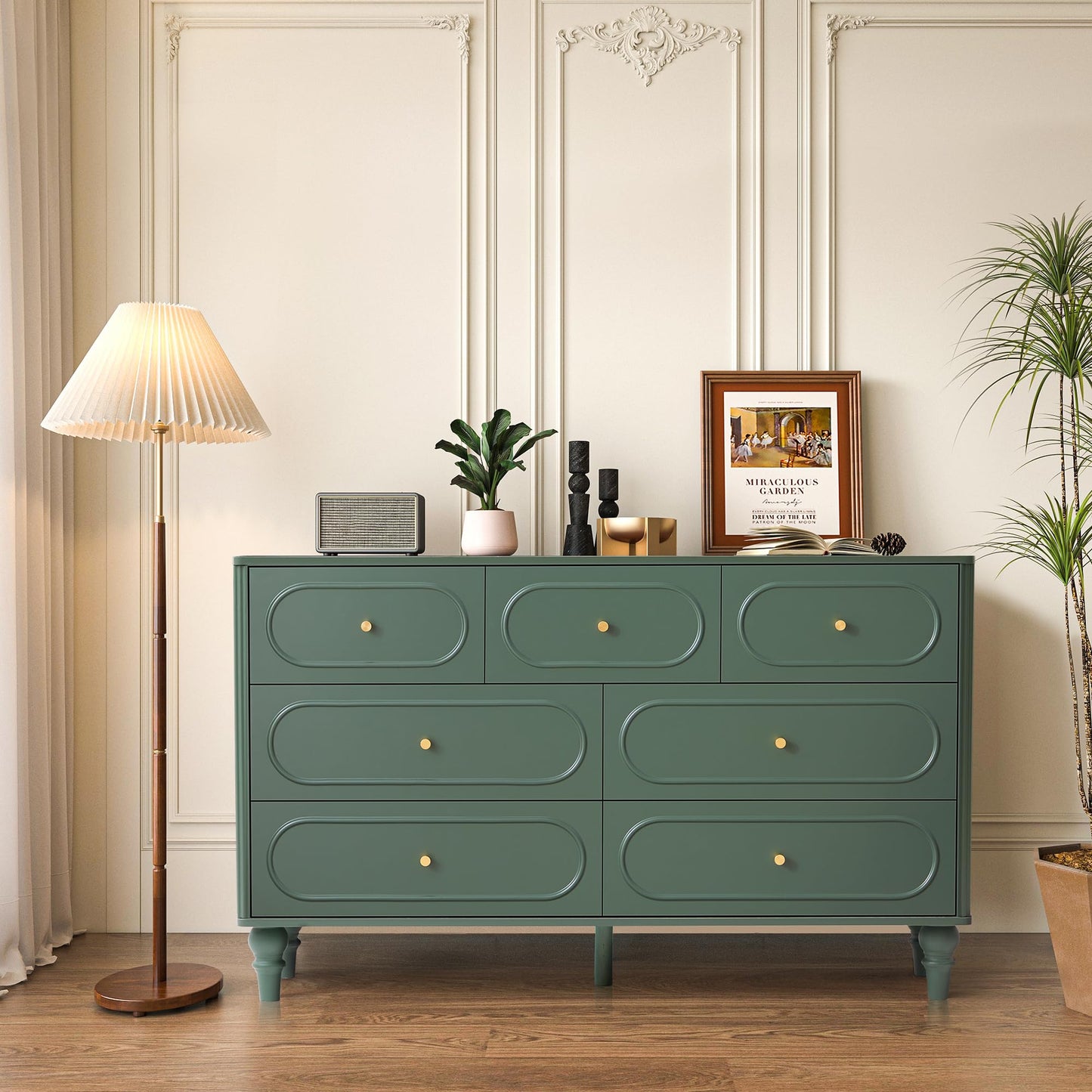 ORRD Fluted 7 Drawer Dresser for Bedroom, Mid Century Modern Chest of Drawers, Wood Storage Large Dresser Organizer for Bedroom Living Room Hallway Closet, Green