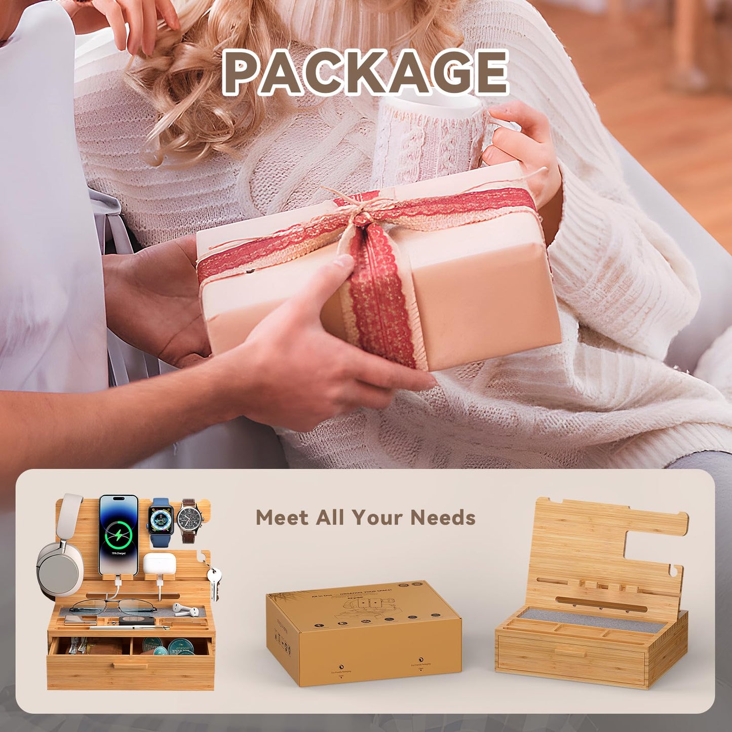 Pezin & Hulin Wooden Charging Station, Bedside Nightstand Tray, with Spacious Drawer, Felt Pads for Phones, Watch, Idea Gifts for Him Birthday, Son, Christmas for Papa Fathers Day (Nature)