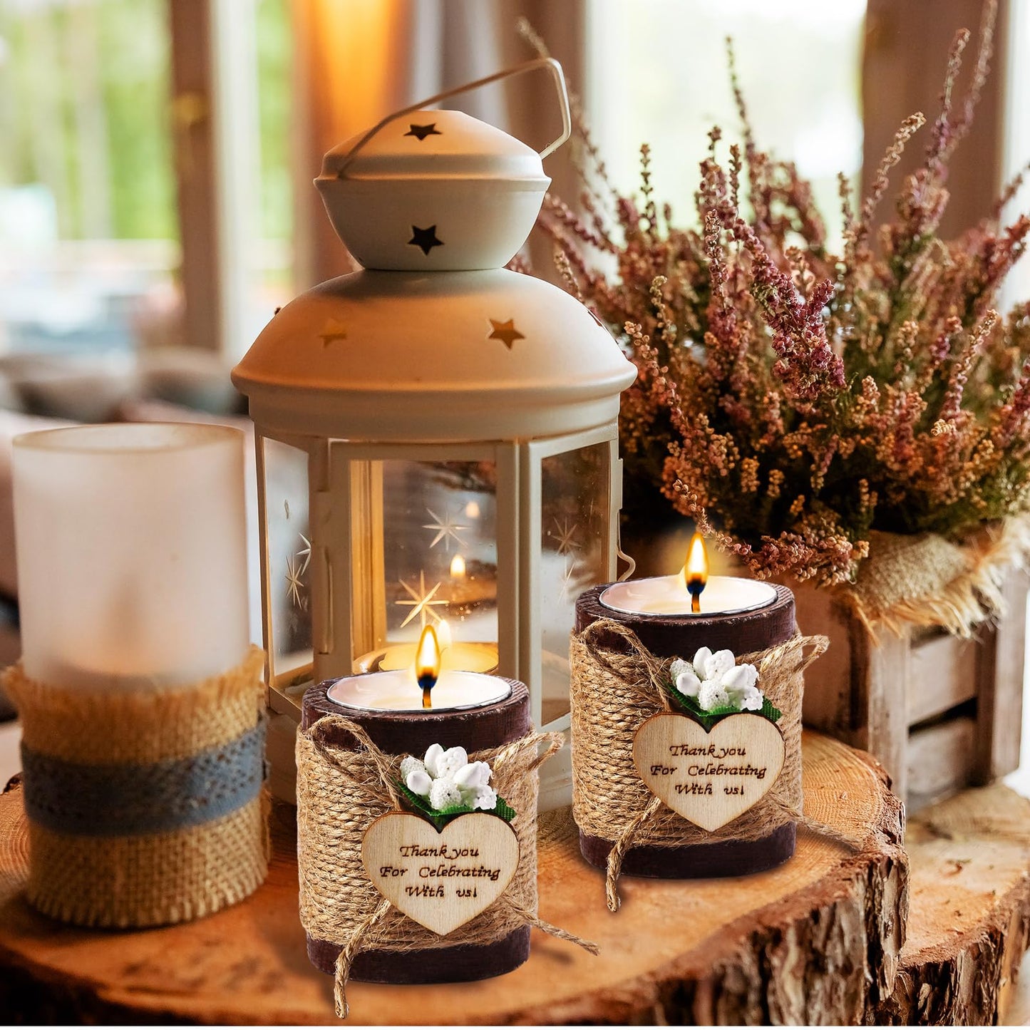 Treela 12 Pcs Wood Tealight Candle Holder Bridal Shower Tealight Holder Rustic Wooden Cylinder Candle Holders with Tea Lights Candles for Wedding Baby Shower Party Favors Gift(Brown)