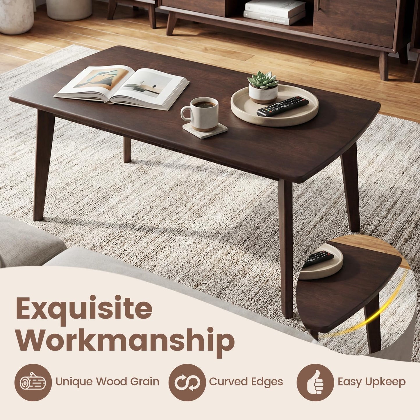 GOFLAME Solid Wood Coffee Table, 34.5" x 21" x 17" Mid-Century Modern Center Table with Storage, Curved Edges, Retro, Small Japanese Floor Table with Tapered Legs for Living Room, Apartment, Walnut