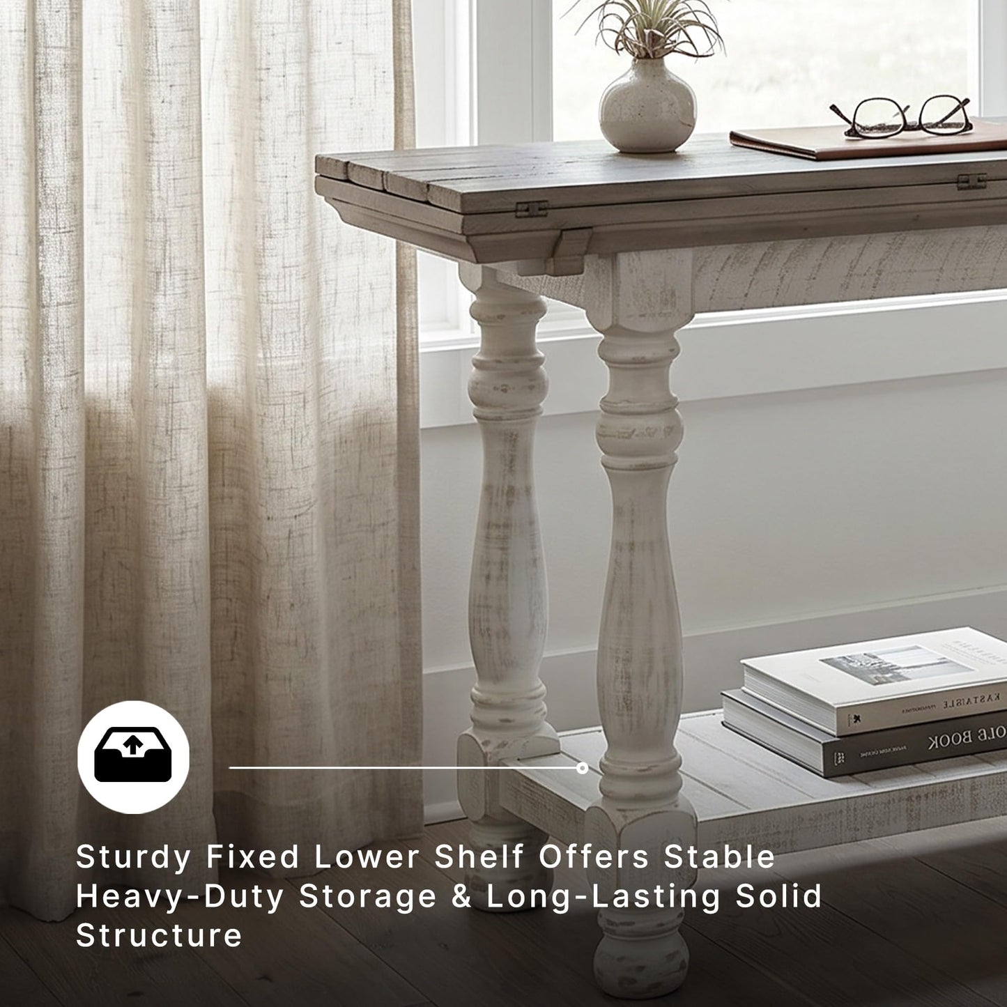 Signature Design by Ashley Havalance Farmhouse Sofa Table, Flip Top Design for Additional Dining Space and Fixed Lower Shelf, Gray & White with Weathered Finish