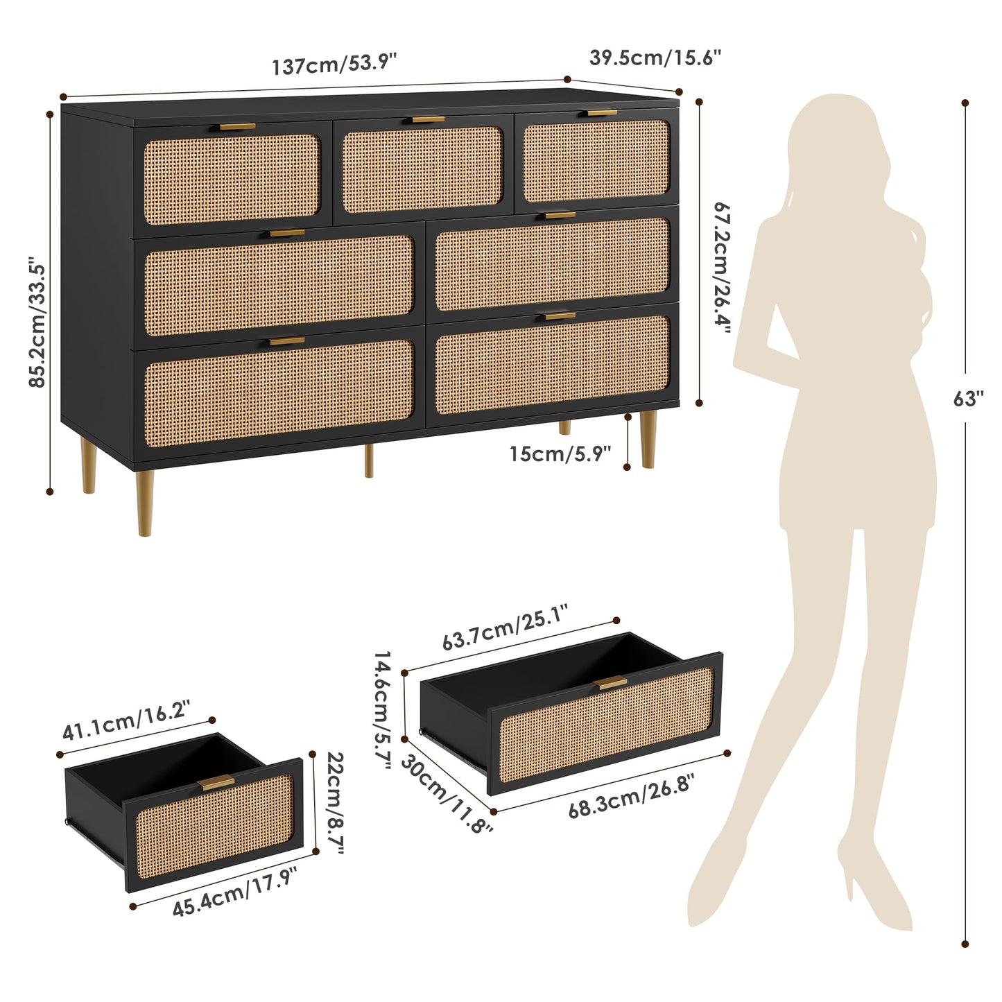 GarveeHome Rattan 7 Drawer Dressers for Bedroom, Tall Dresser with Deep Drawers, Large Chest of Drawers for Closet with Wide Top, Long Wooden Dresser for Living Room, Hallway, Kids Room, Black