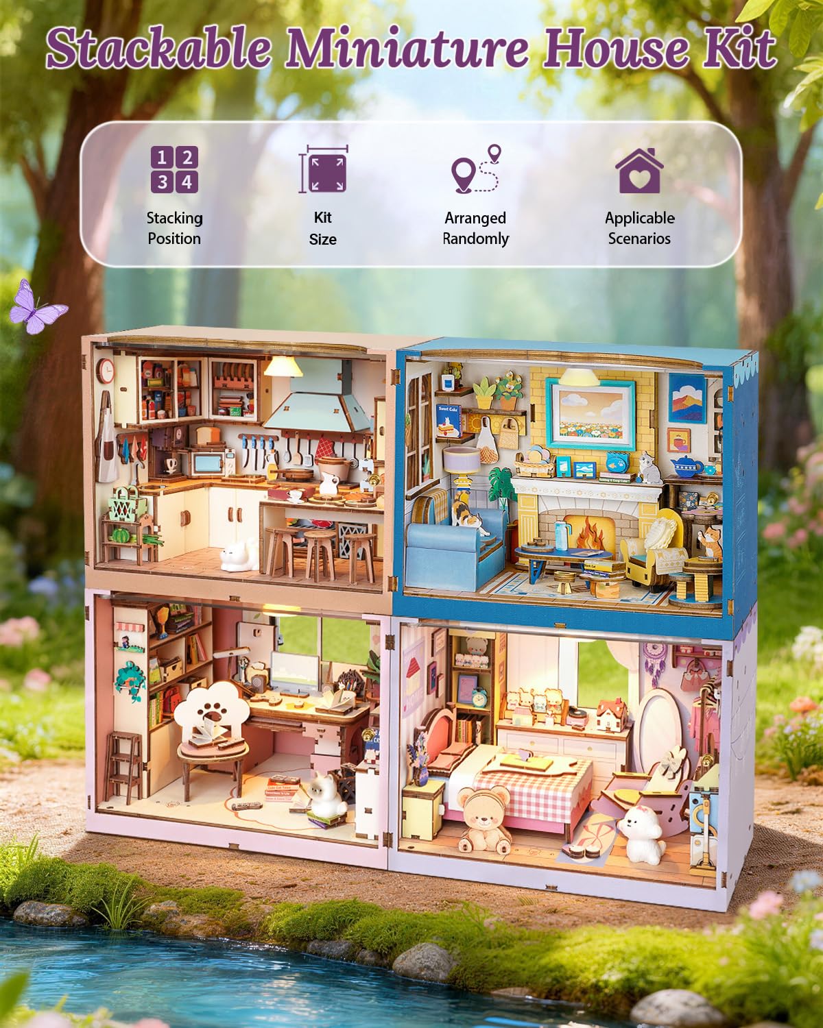 DIY Miniature House Kit-Bedroom, 3D Wooden Puzzles with LED Light Tiny House Mini House Building Kit for Adults, Wooden Adults Crafts Home Decor Gifts for Parents Friends