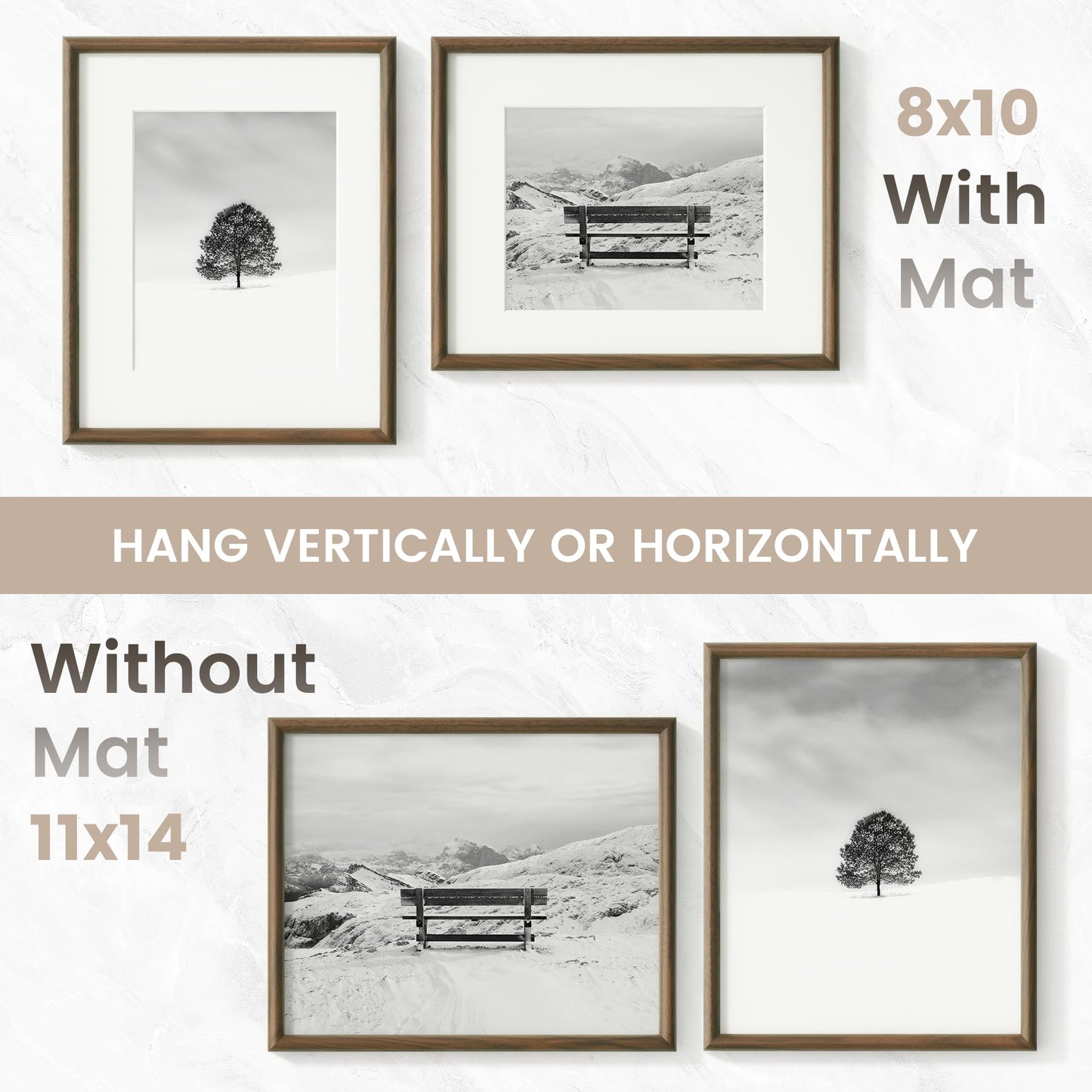 Venusmiles 11x14 Picture Frame, Natural Solid USA-Sourced Walnut Wood Photo Frames with HD Tempered Glass, Handcrafted Rounded Edge Wooden Frame Matted to 8x10, Gallery Wall Art Mount Display