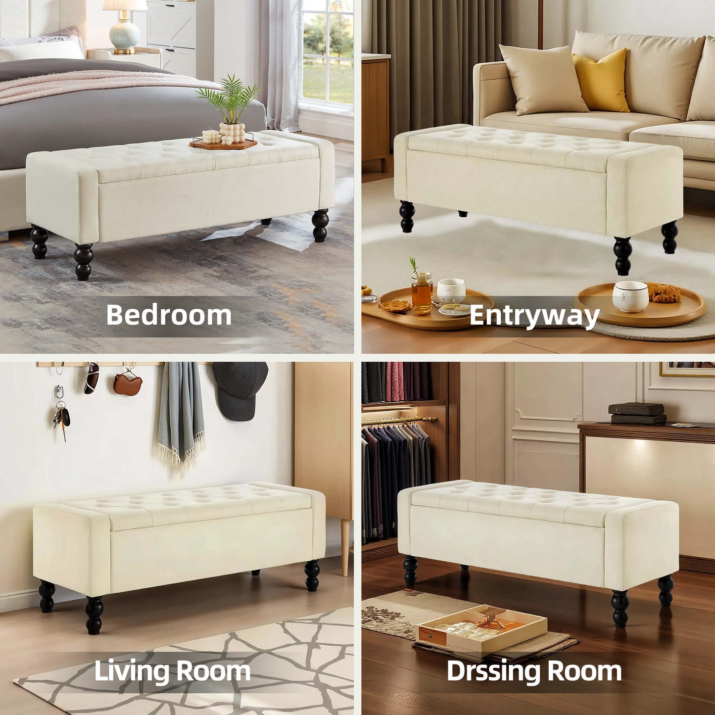 DRM‘SCUUM 50" W Storage Ottoman Bench with Safety Hinge, Load up to 660 lb Ottoman with Storage, Upholstered Tufted Entryway Bench with Seating for Living Room, Bedroom, (Beige)