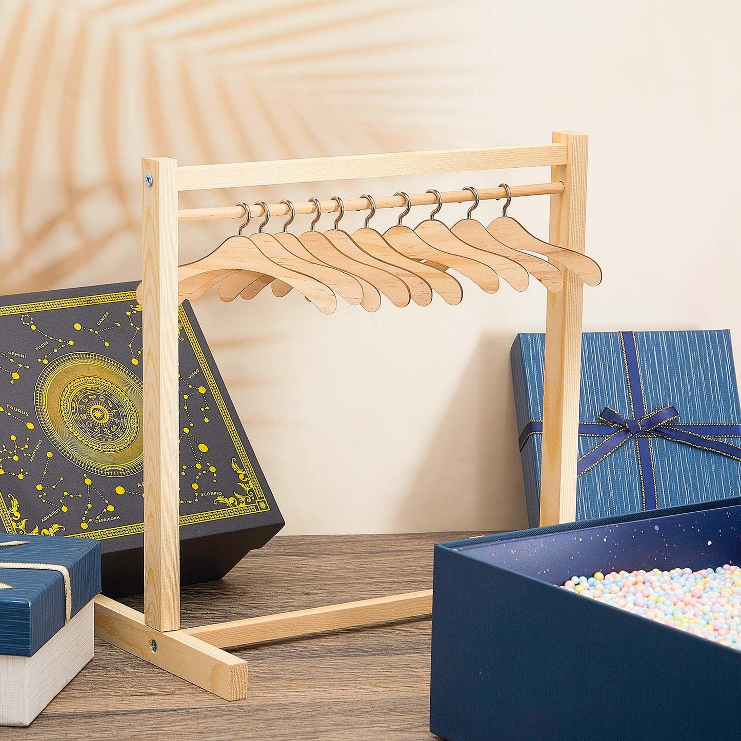 Civaner 11 Pcs Doll Garment Rack with Wooden Clothes Hanger for 18 Inch Girl Doll Clothes Mini Hangers Wardrobe Furniture Accessories for Dollhouse Baby Shower Supplies (Wood)