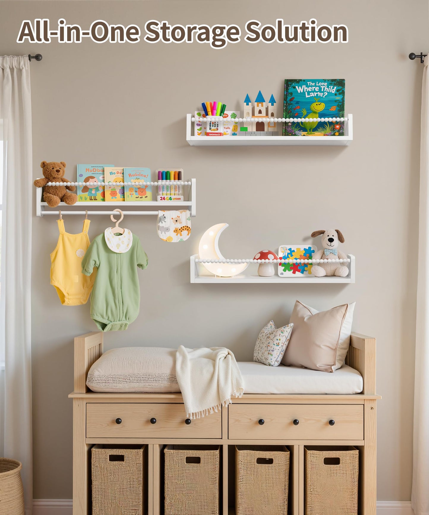 Maxpeuvon 23 Inch Kids Bookshelves Set of 3, Natural Wooden Floating Shelves Wall Mount Storage Organizer Shelf with Towel Bar Hanging Bookshelf for Kid Room Bedroom Living Room Decor, White