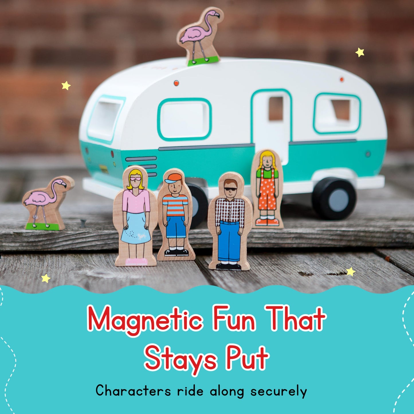 Jack Rabbit Creations 7-Piece Magnetic Glamper Camper Van – Family of 4 & Pink Flamingos – FSC Wood, Non-Toxic – Camping Toy, Imaginative Play – Toddler Gift, Ages 3+