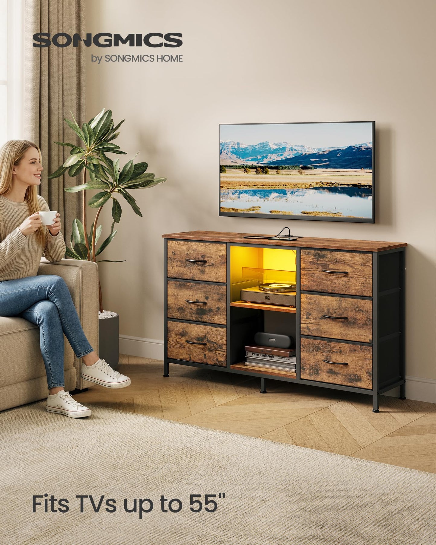 SONGMICS BELLAH Collection - TV Stand for TVs Up to 55 Inches, Dresser for Bedroom, Living Room, Chest of Drawers, Steel, 6 Drawers and 2 Shelves, Industrial, Rustic Brown ULGS032K101S