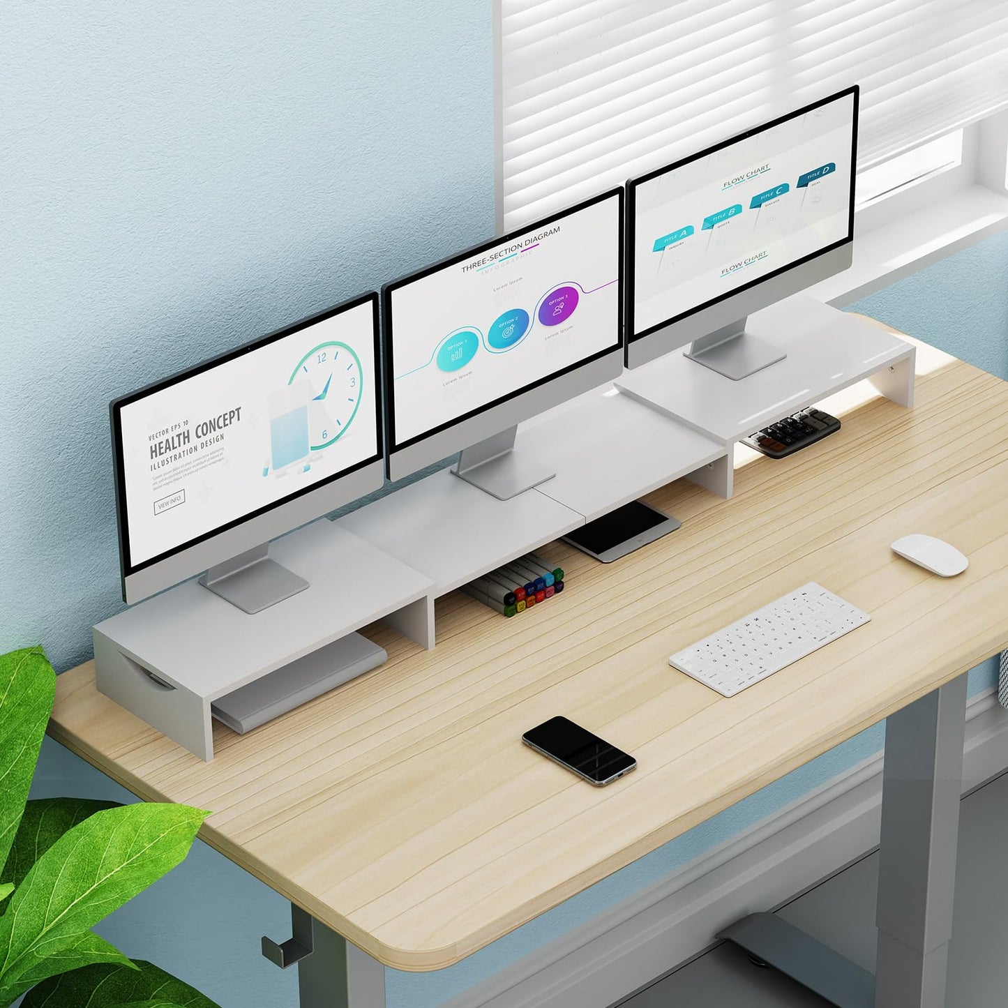 ErgoFocus Triple Monitor Stand Riser, Extra Long Monitor Lift for 3 Monitors, Dual Monitor Stand with Length and Angle Adjustable