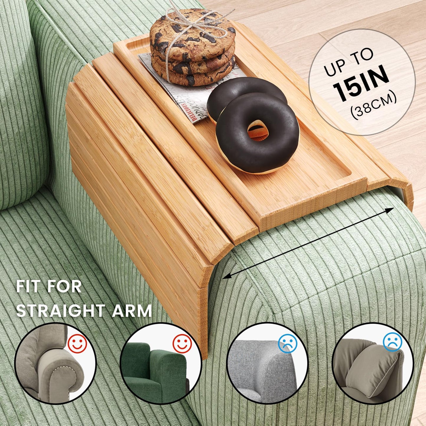 Danfoxer 2 Pack Sofa Arm Tray,Bamboo Folding Couch Arm Tray,Sofa Armrest Tray with Anti-Slip Pad for Drinks,Snacks,Phone,Remote Control（Natural）