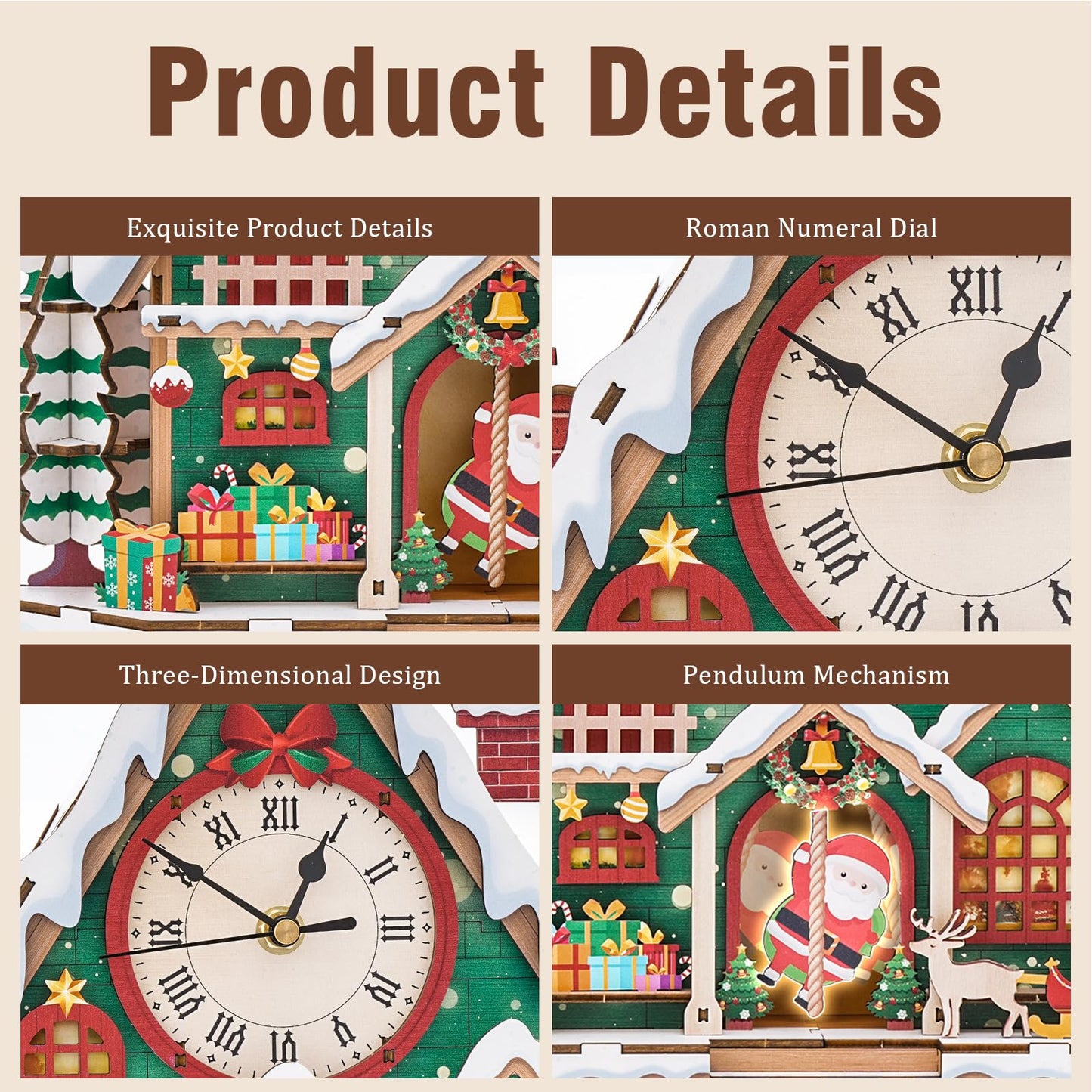 Cutywood 3D Puzzles for Adults Clock-Christmas Igloo Design Model Kit-Mechanical DIY Pendulum Clock with Roman Numerals-Desk Home Office Decor Personalized Gift for DIY Lovers