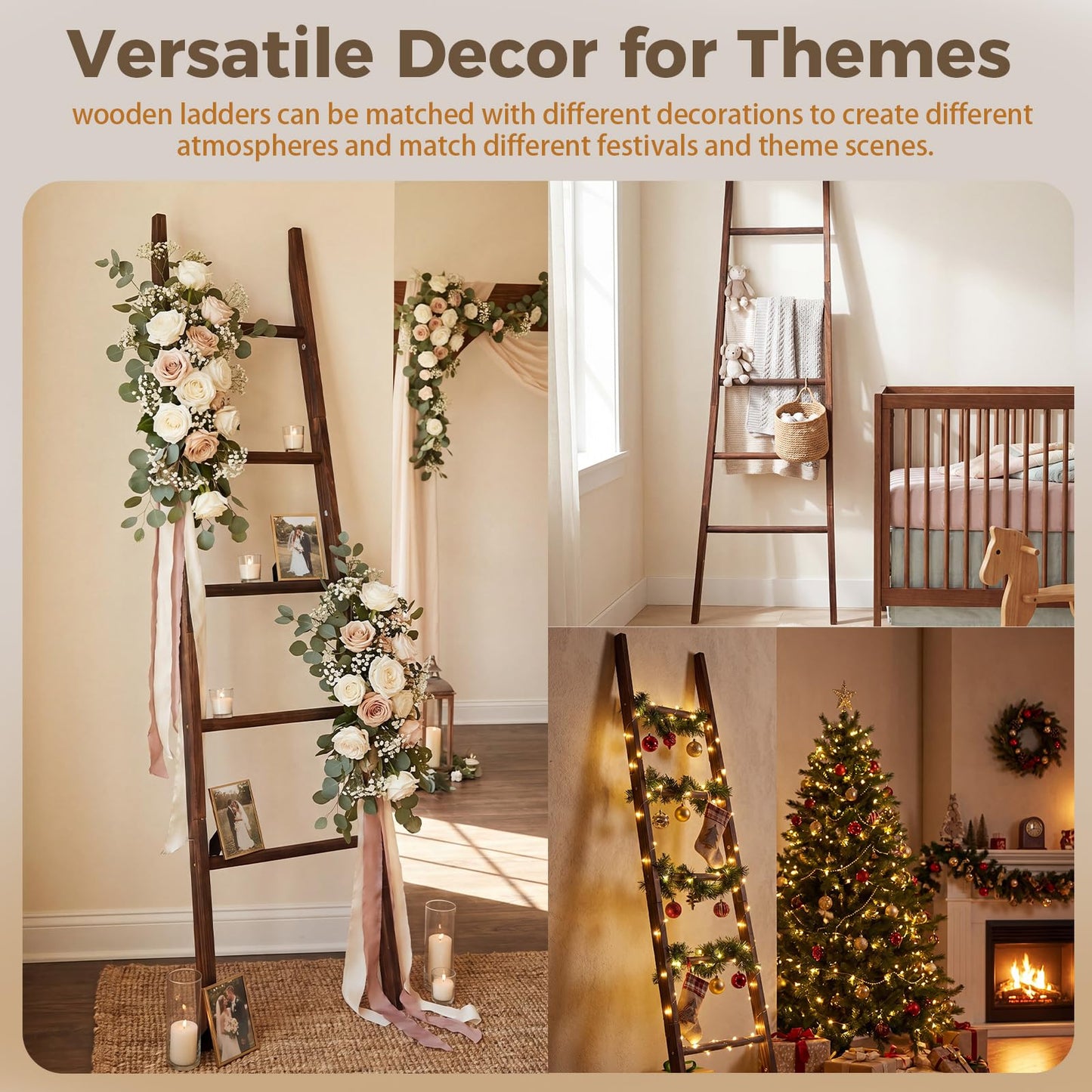 Sintuff Blanket Ladder for Living Room, 5.5ft Wooden Blanket Rack, 5-Tier Natural Leaning Tapered Ladder Shelf for Farmhouse Bedroom Living Room Bathroom Decor, Walnut Brown