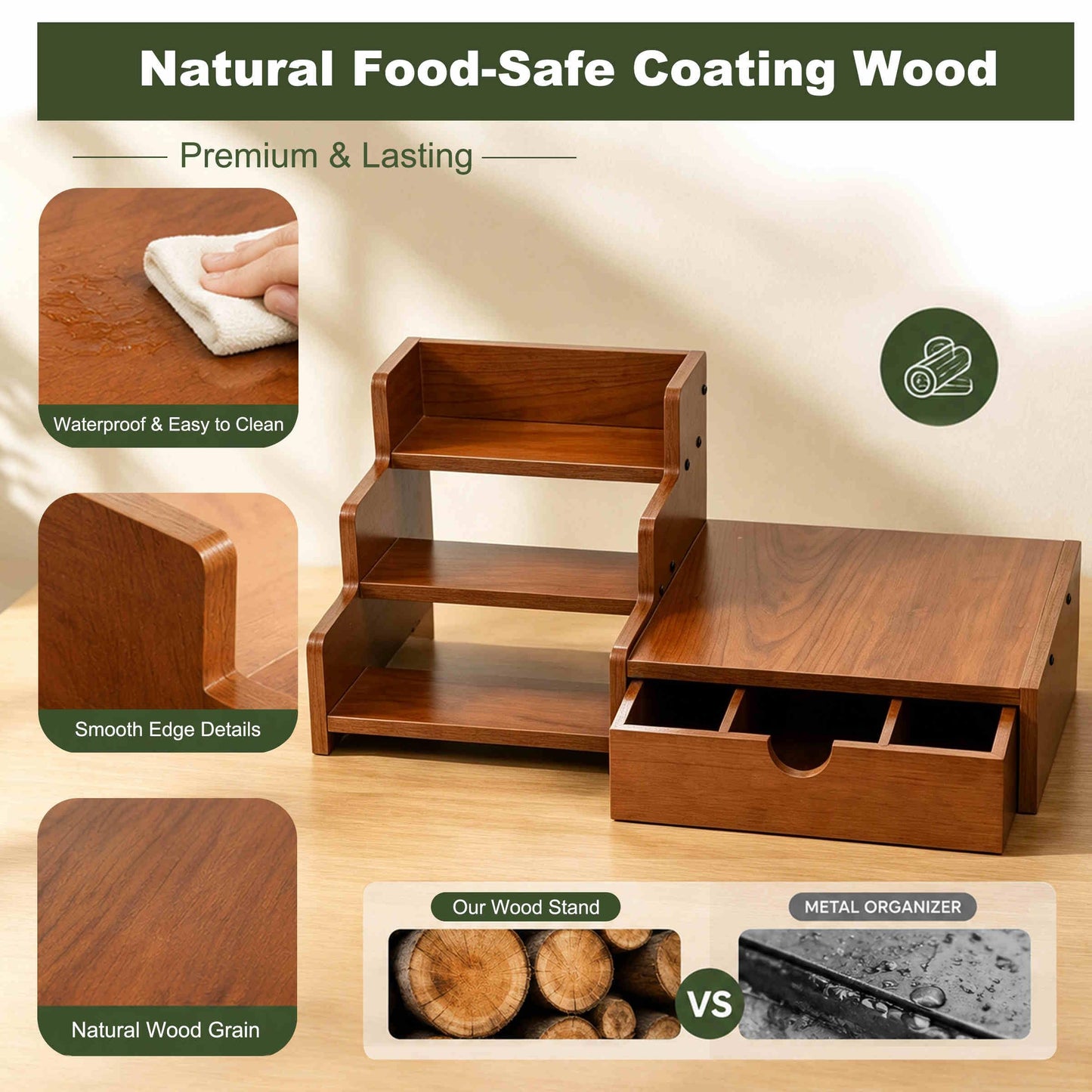 Coffee Station Organizer with K Cup Holder Drawer for Countertop, Coffee Tea Bar Accessories Office Corner Stand Station, 28 Pods Holder Drawer 3-Tier Trapezoidal Wooden Syrup Organizer Rack