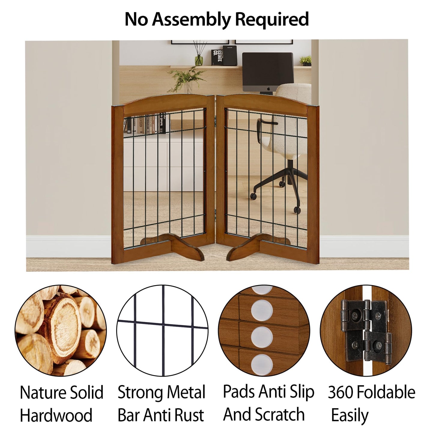 LZRS 2-Panel Freestanding Adjustable Wooden Dog Gate—30” Tall Foldable Pet Barrier with Support Feet, Solid Hardwood & Chew-Resistant Steel Wire for Doorways, Hallways, and Stairs, Oak Cherry