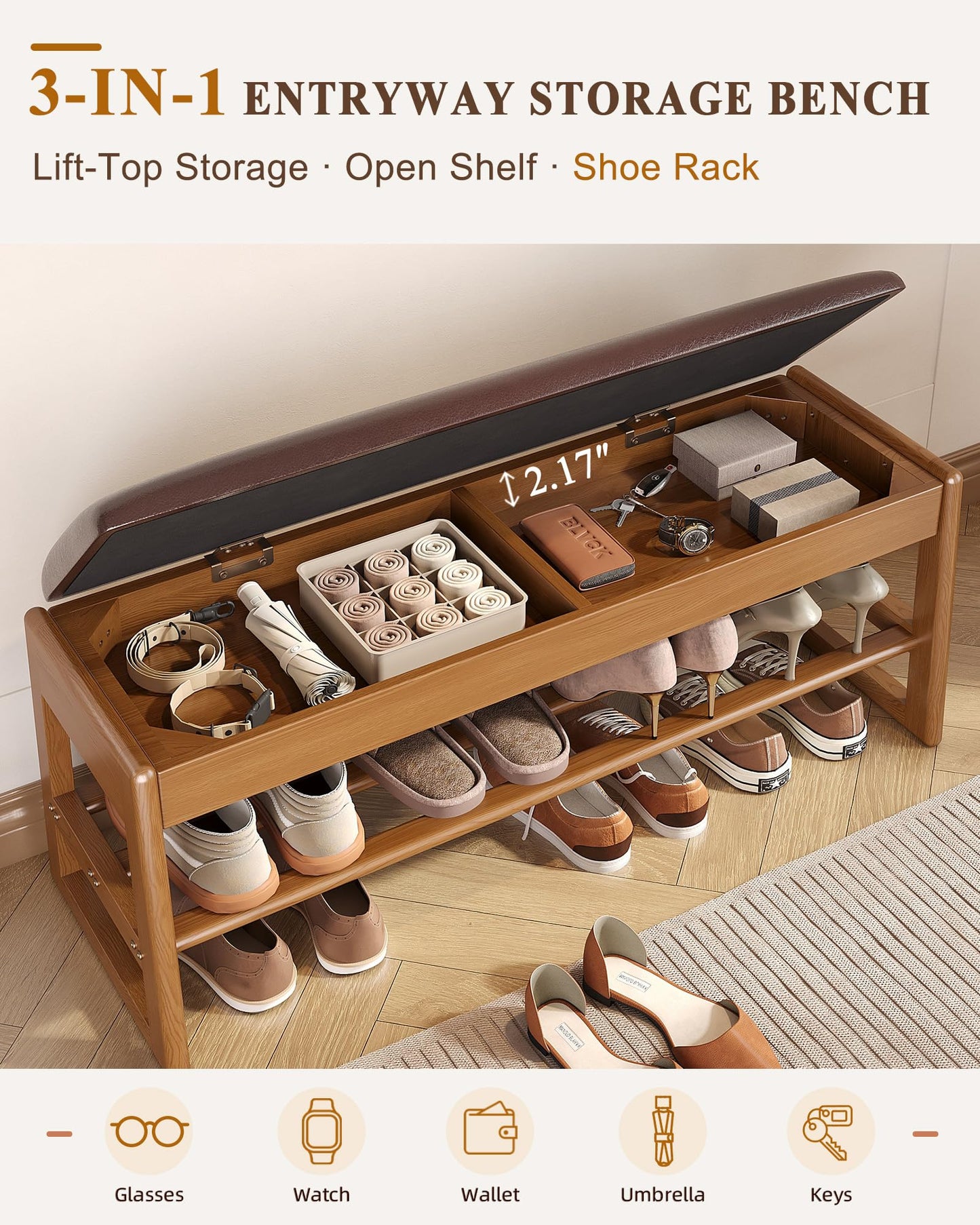 Shoe Rack Bench with Hidden Storage, 2-Tier Solid Rubberwood Entryway Bench with Soft Leather Cushioned Seat & Flip-Top Storage, 330lbs Capacity, Wooden Shoe Organizer for Hallway, Closet, Foyer