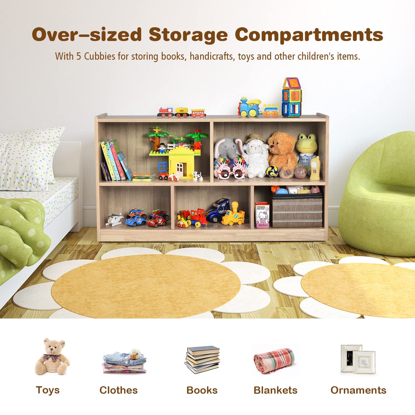 Costzon 2-Shelf Bookcase for Kids, Wooden Toy Storage Organizer for Books Toys, 5-Section Freestanding Classroom Daycare Montessori Bookshelf for Preschool, Home Playroom & Kindergarten