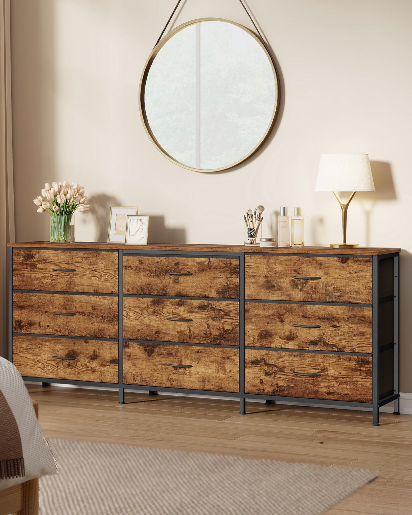 SONGMICS BELLAH Collection - Dresser for Bedroom, TV Stand for TVs Up to 70 Inches, Chest of Drawers for Living Room, Closet, Steel, 9 Drawers, Industrial, Rustic Brown and Ink Black ULGS233KD02S
