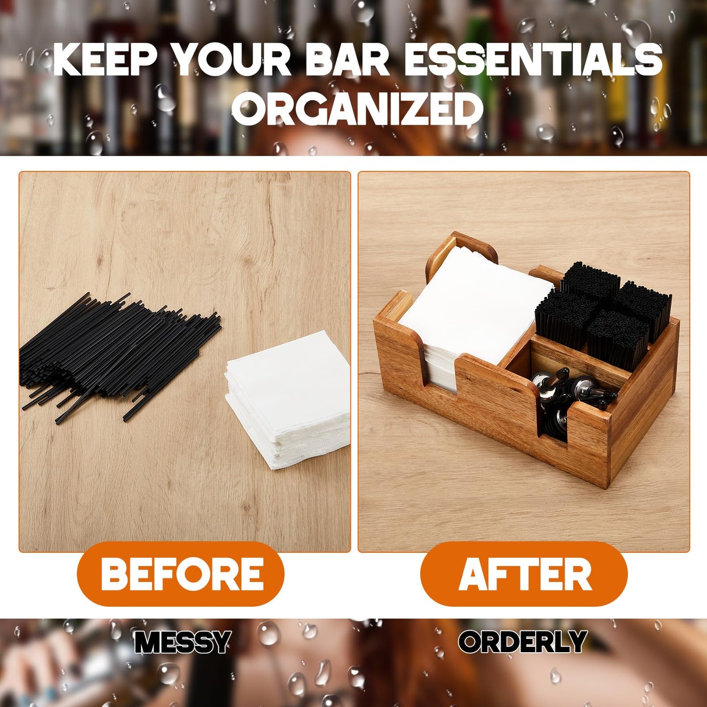 Mifoci 2 Pcs Acacia Bar Caddy with 5 Compartments, Wooden Bar Napkin Holder Organizer Cocktail Straws and Toothpicks Condiments for Home Office Kitchen Countertop(10.6 L x 5.5 W)
