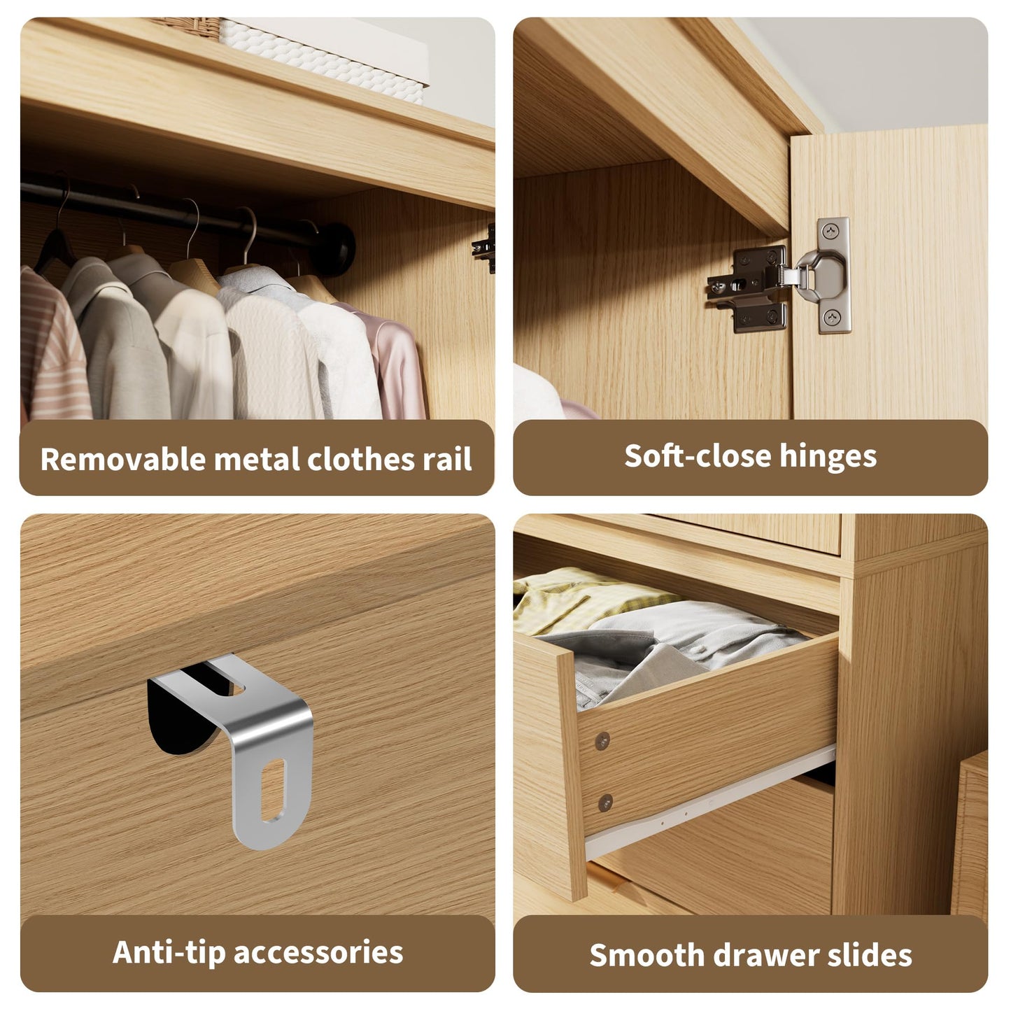 GarveeHome Armoire Wardrobe Closet, 69.5 in Wooden Wardrobe Cabinet with 3 Drawers, Hanging Rod, 2 Doors Clothing Storage Cabinet for Bedroom, Large Capacity Storage, Rattan Door, Natural