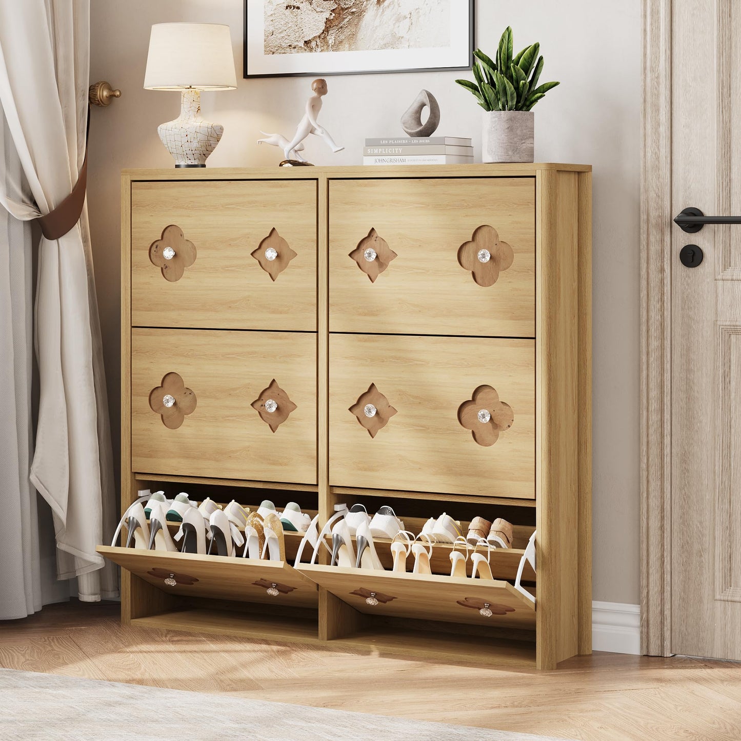 Shoe Cabinet with 6 Flip Drawers, Shoe Storage Cabinet with Adjustable Shelves, Flower Pattern & Diamond Handle, Freestanding Slim Shoe Storage, Wooden Shoe Organizer Cabinet for Entryway, Natural