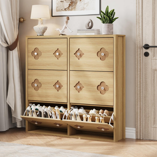 Shoe Cabinet with 6 Flip Drawers, Shoe Storage Cabinet with Adjustable Shelves, Flower Pattern & Diamond Handle, Freestanding Slim Shoe Storage, Wooden Shoe Organizer Cabinet for Entryway, Natural
